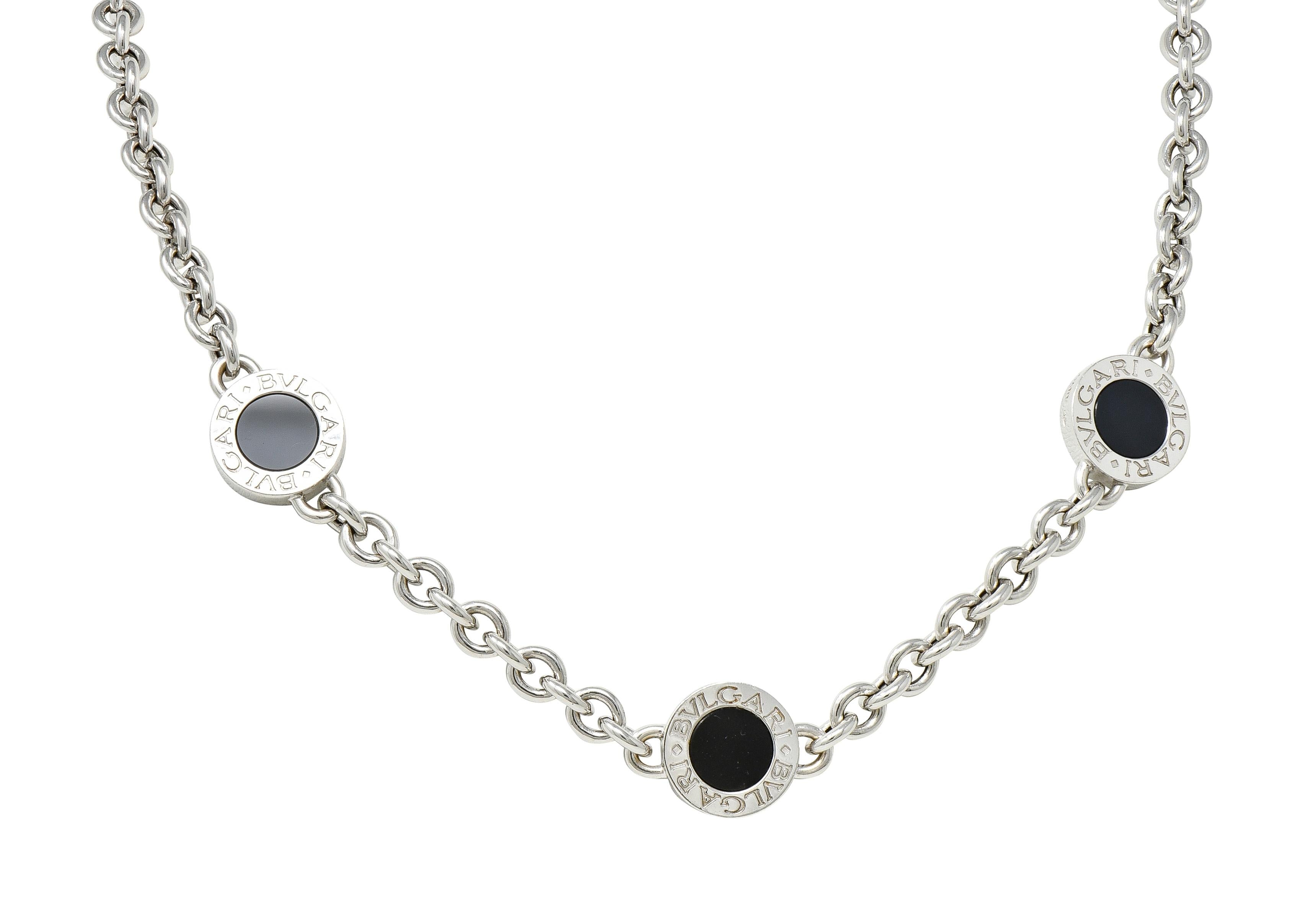 Bulgari 1990's Onyx 18 Karat White Gold Chain Link Vintage Station Necklace