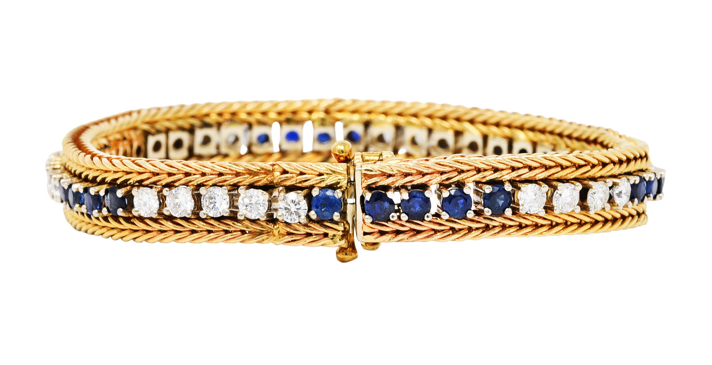 Vintage 5.00 CTW Diamond Sapphire 18 Karat Two-Tone Gold Wheat Line Braceletbracelet - Wilson's Estate Jewelry