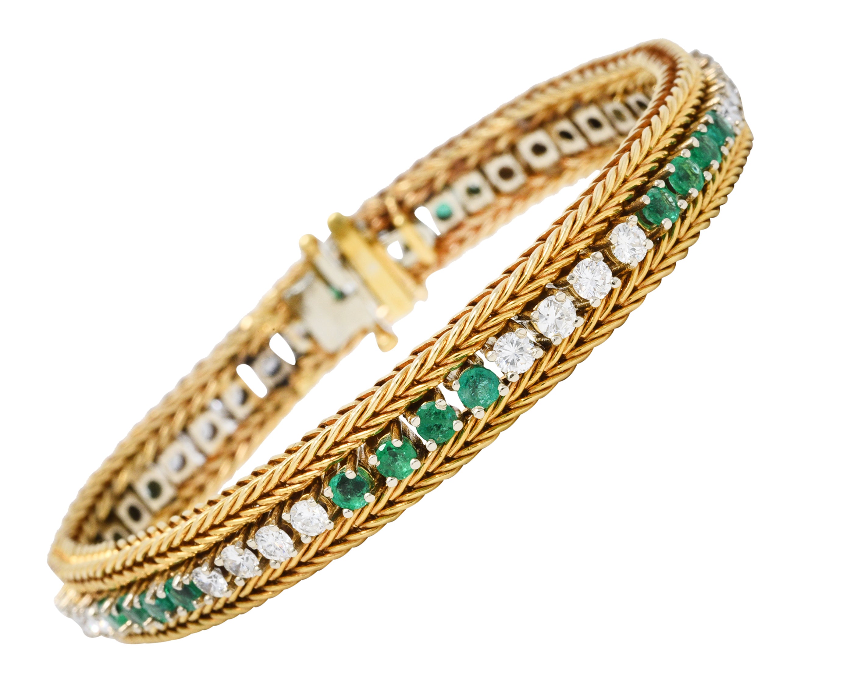 Vintage 3.00 CTW Diamond Emerald 18 Karat Two-Tone Gold Wheat Line Braceletbracelet - Wilson's Estate Jewelry