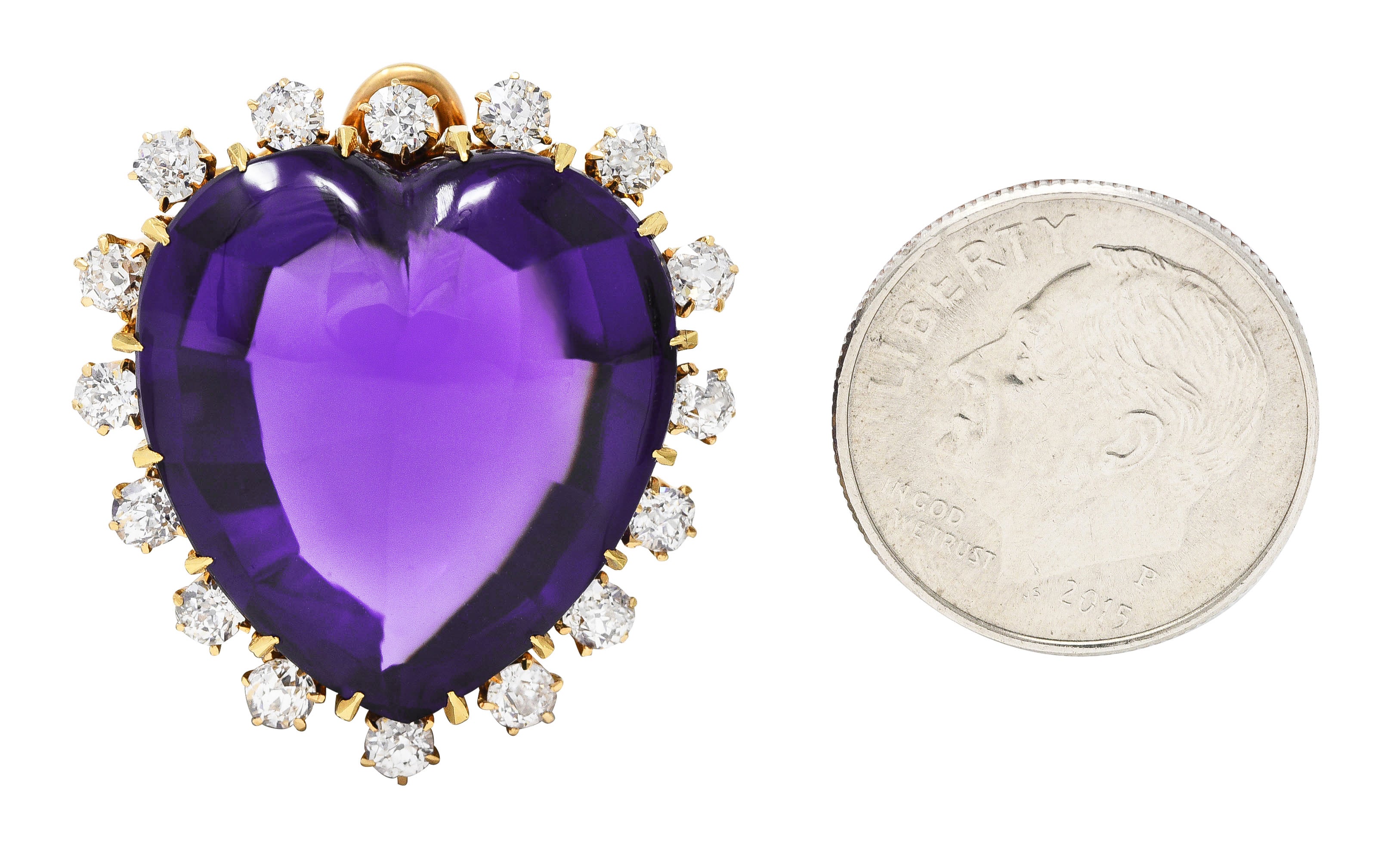 Victorian Old Mine Cut Diamond Amethyst Cabochon 18 Karat Yellow Gold Heart Antique Halo Pendant Brooch Wilson's Estate Jewelry