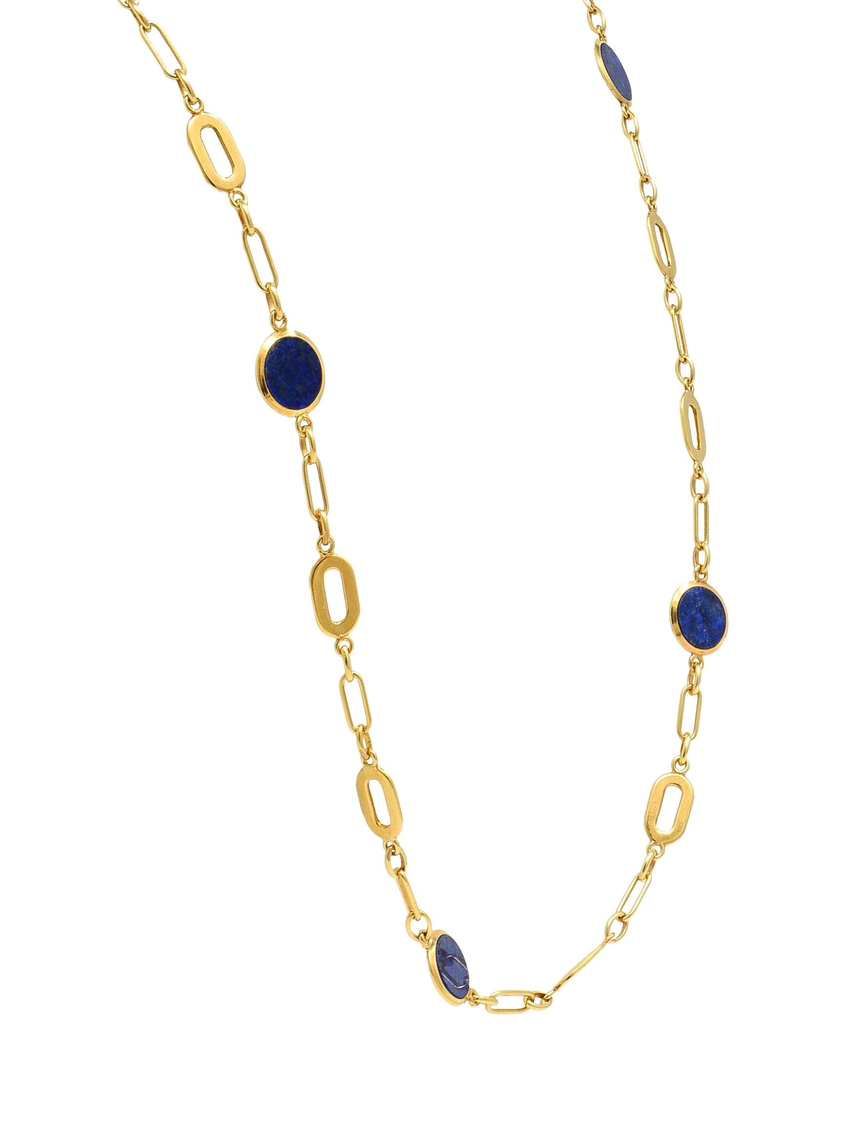 1970's Lapis Lazuli 18 Karat Yellow Gold Vintage Station Link Chain Necklace