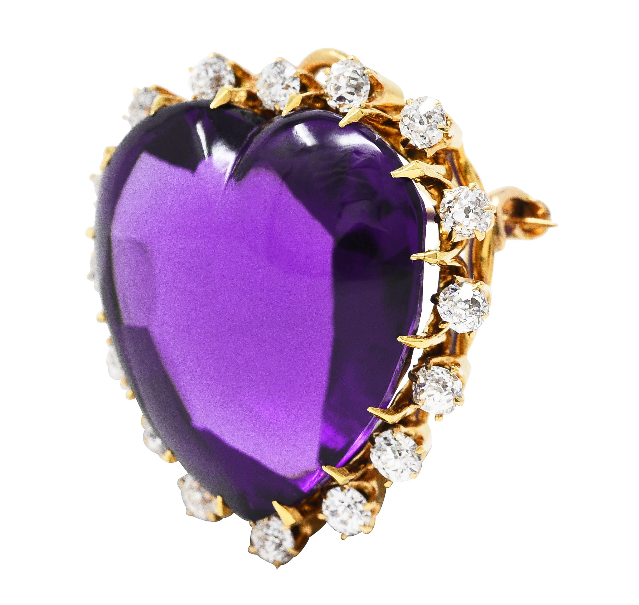 Victorian Old Mine Cut Diamond Amethyst Cabochon 18 Karat Yellow Gold Heart Antique Halo Pendant Brooch Wilson's Estate Jewelry