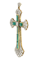 Early Art Deco 9.81 CTW Emerald Diamond Platinum 14 Karat Yellow Gold Cross Pend