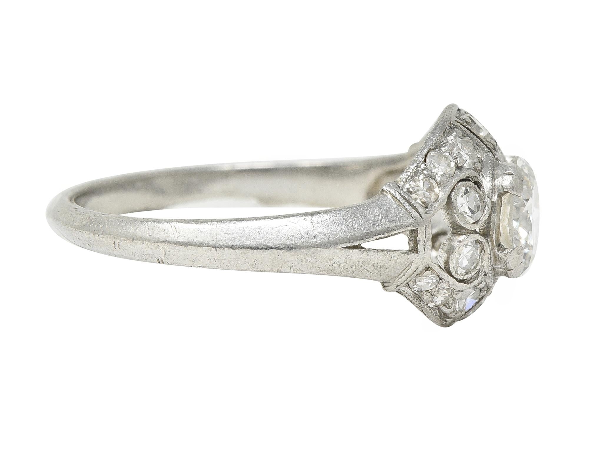 Art Deco 0.95 CTW Old European Cut Diamond Platinum Bombay Heart Engagement Ring