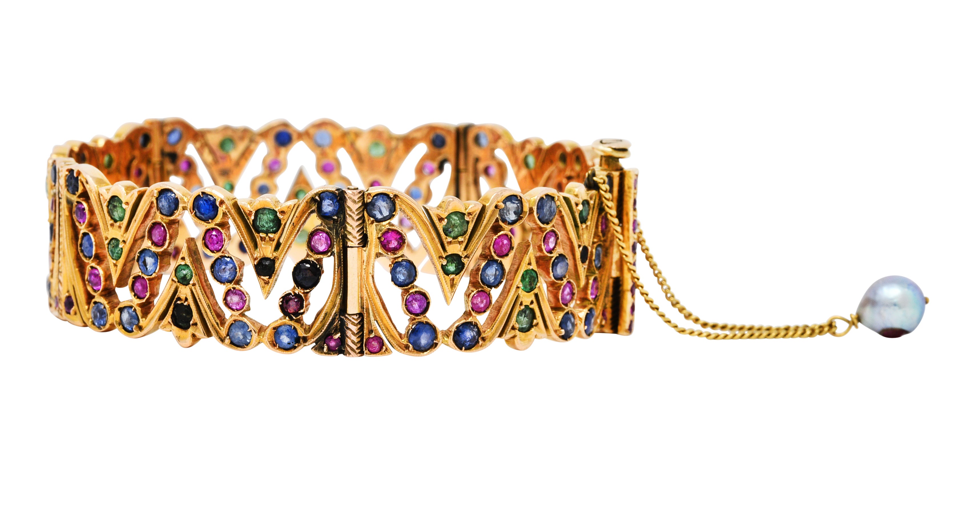 Art Deco 12.45 CTW Sapphire Ruby Emerald Pearl 14 Karat Gold Braceletbracelet - Wilson's Estate Jewelry