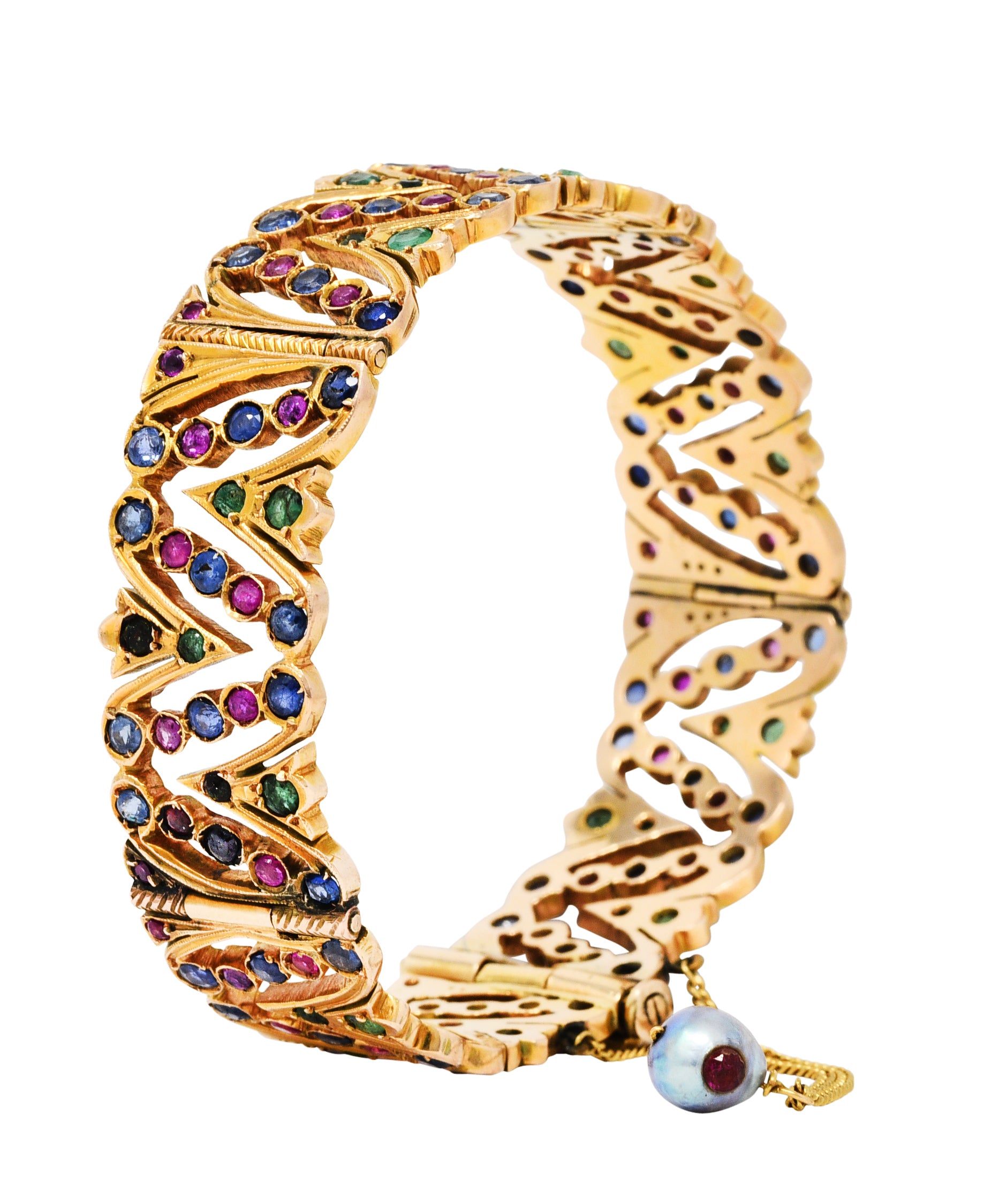 Art Deco 12.45 CTW Sapphire Ruby Emerald Pearl 14 Karat Gold Braceletbracelet - Wilson's Estate Jewelry