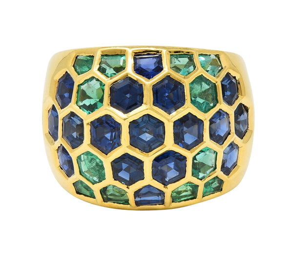 Sabbadini 6.47 CTW Sapphire Emerald 18 Karat Yellow Gold Honeycomb Dome Ring