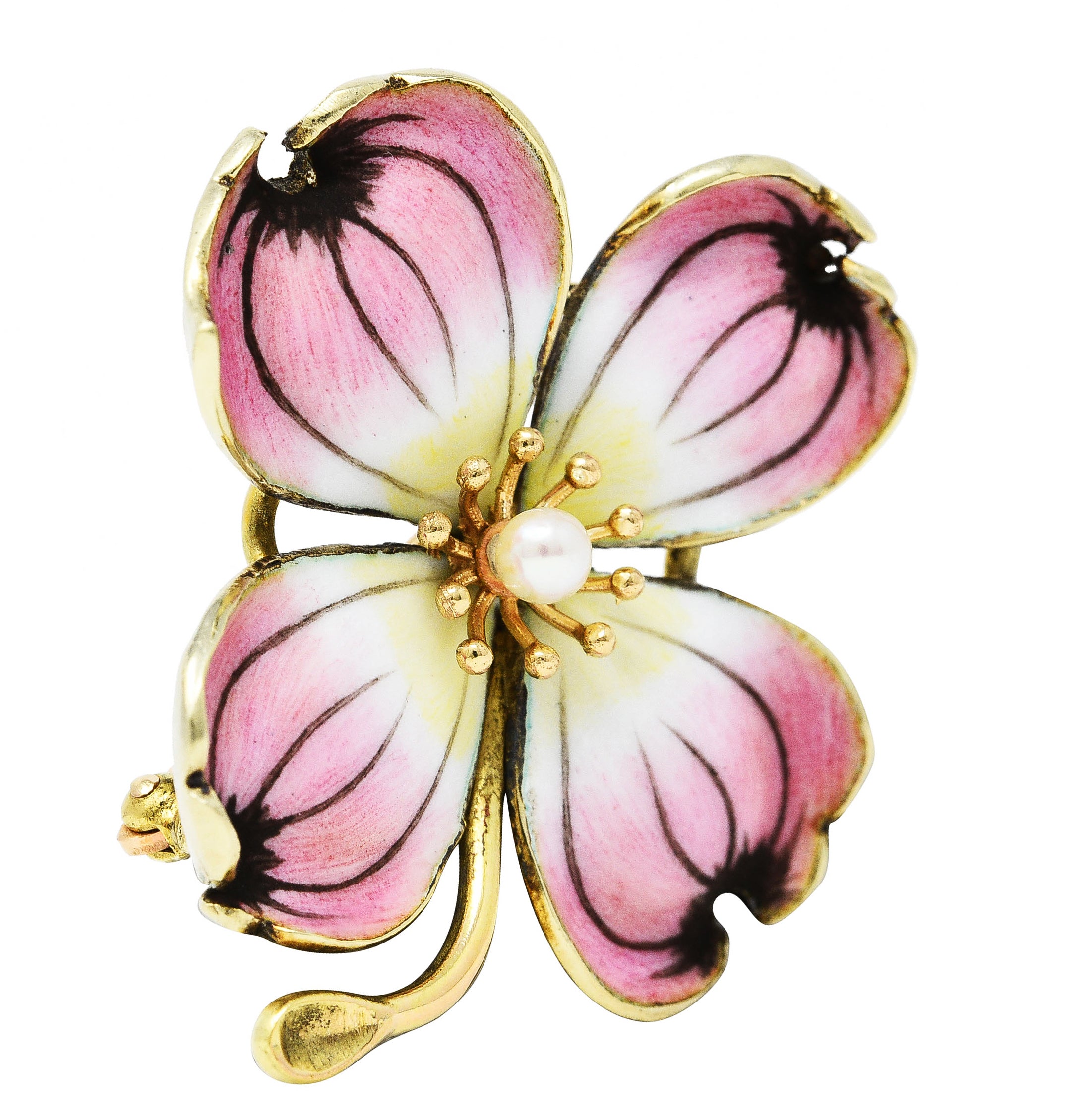 Crane & Theurer Art Nouveau Pearl Enamel 14 Karat Yellow Gold Antique Flower Brooch Wilson's Estate Jewelry