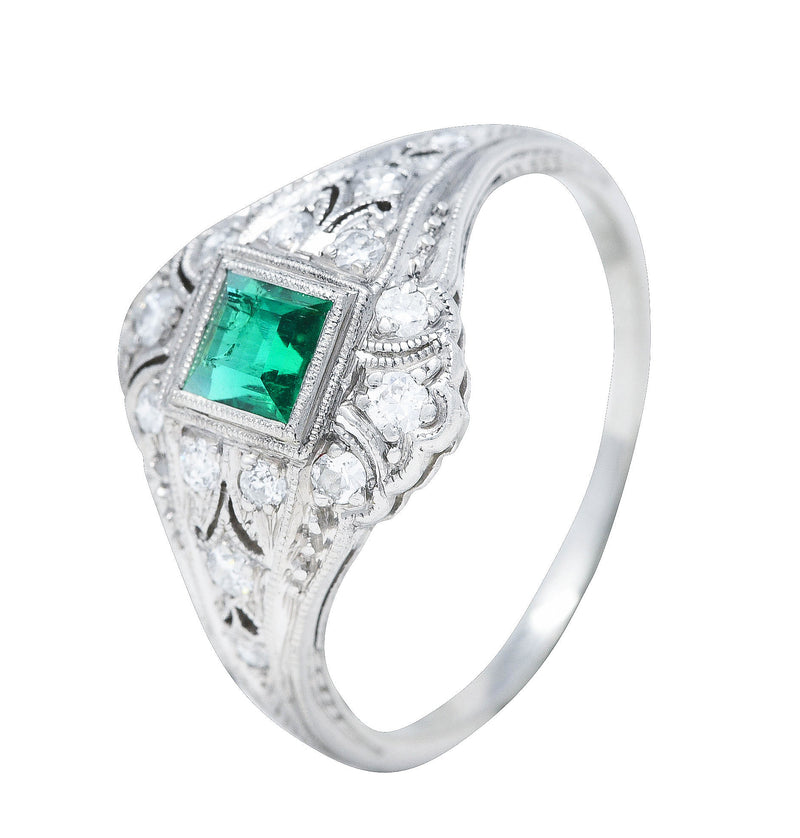 Art Deco Tiffany & Co. Emerald Diamond Platinum Dinner Alternative Ring Wilson's Estate Jewelry