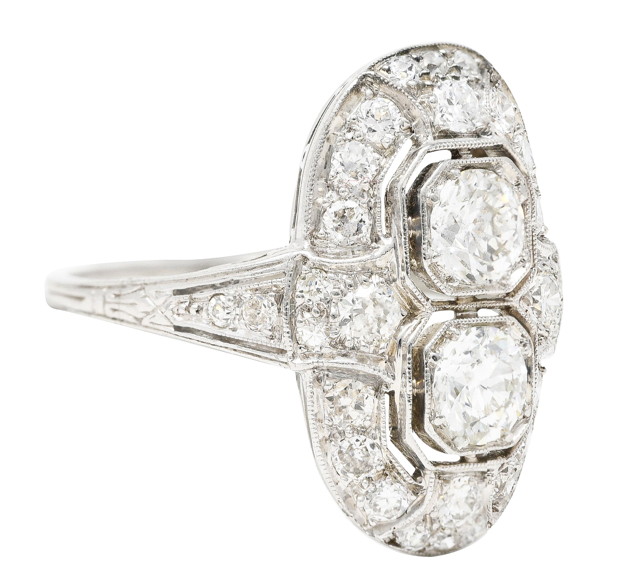 Art Deco 1.60 CTW Old European Cut Diamond Platinum Two Stone Halo Dinner Ring Wilson's Estate Jewelry