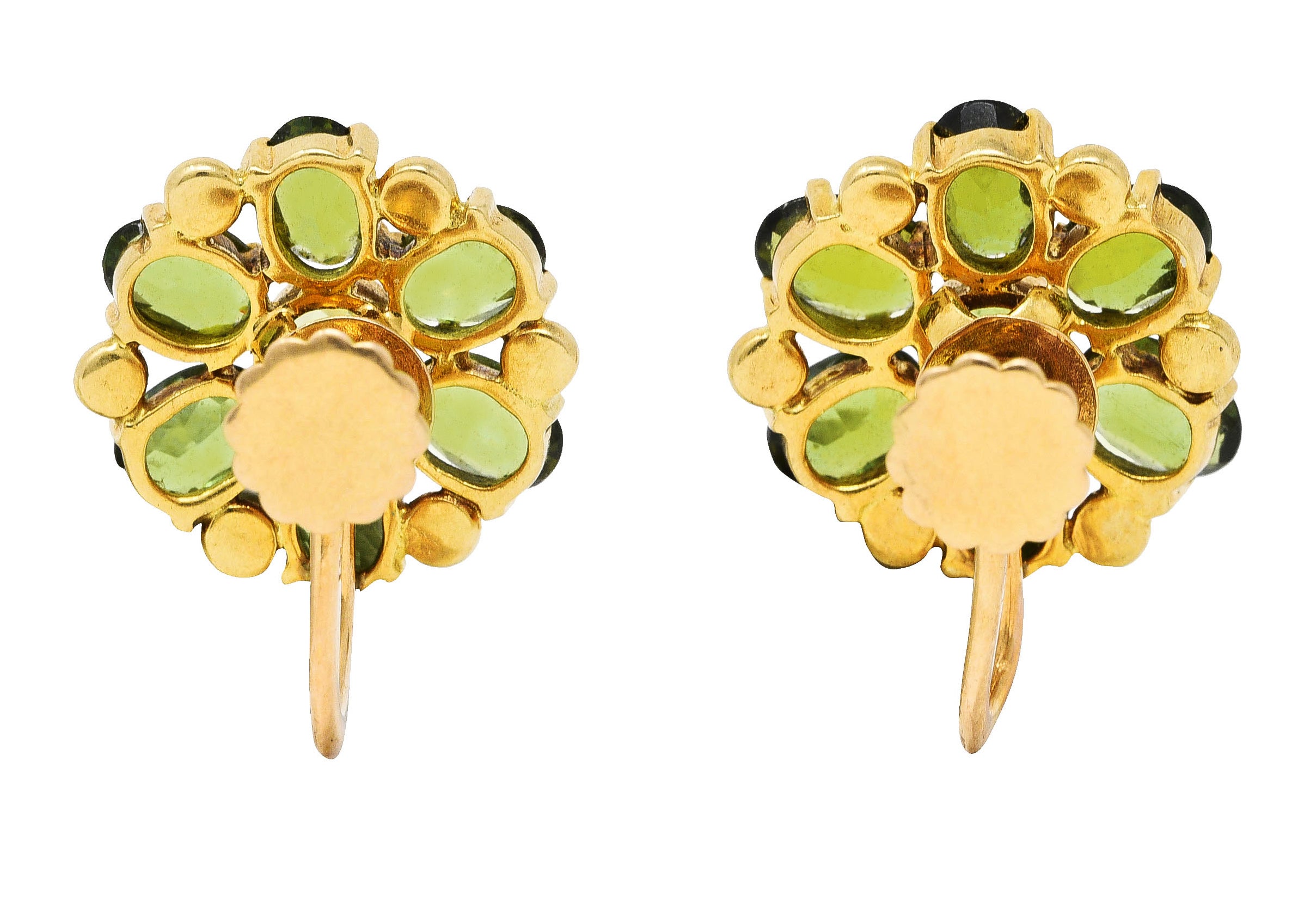 Tiffany & Co. Retro Peridot Green Tourmaline 14 Karat Yellow Gold Flower Screwback Earrings Wilson's Antique & Estate Jewelry