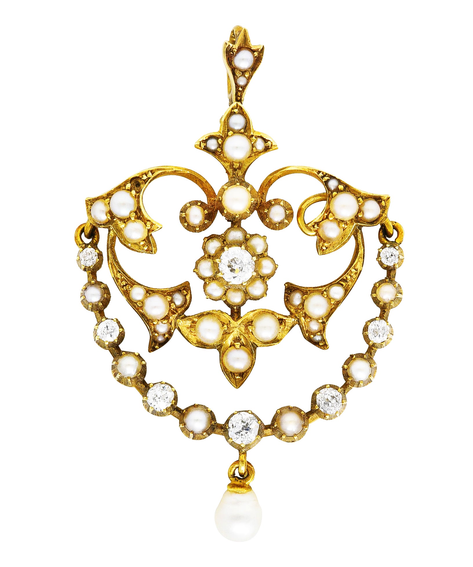 1890's Victorian Pearl Diamond 15 Karat Yellow Gold Floral & Foliate Pendant Wilson's Antique & Estate Jewelry