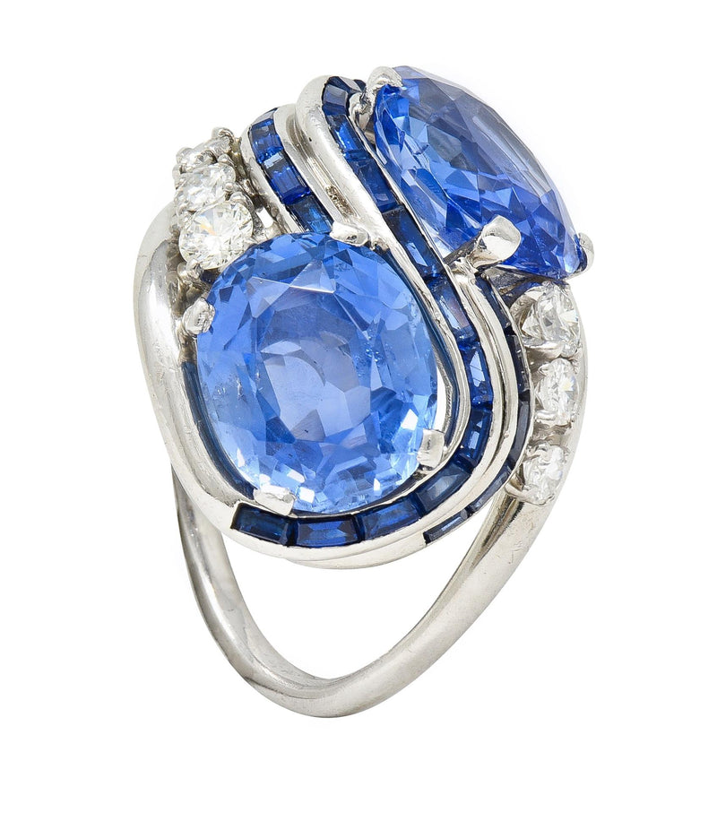 Mid-Century 10.59 CTW No Heat Ceylon Sapphire Diamond Platinum Bypass Ring GIA