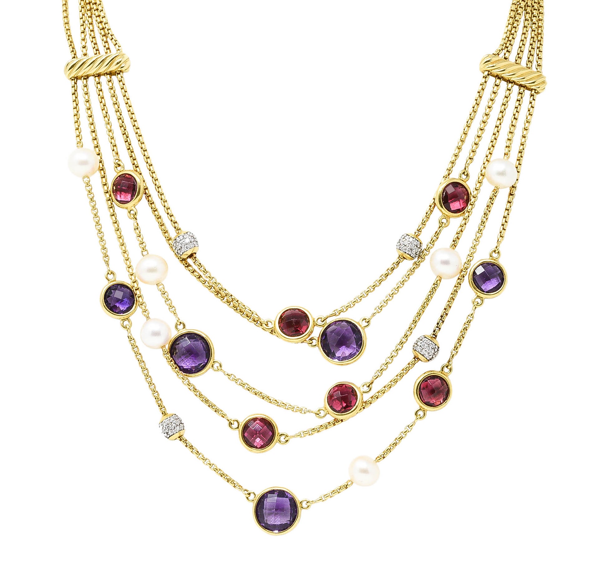 David Yurman Amethyst Pink Tourmaline Pearl Pave Diamond 18 Karat Gold Multi-Strand Necklace Wilson's Estate Jewelry