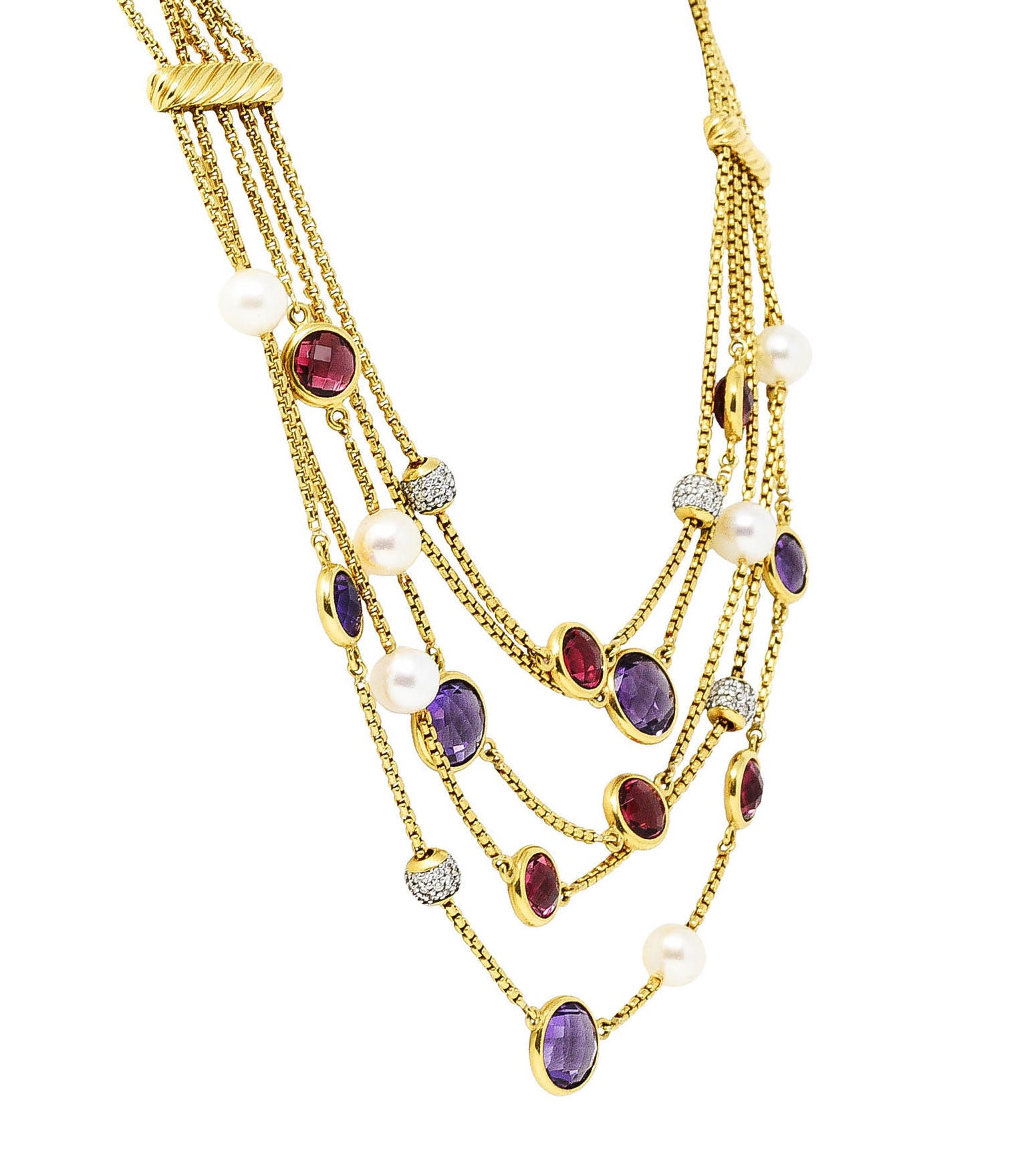 David Yurman Amethyst Pink Tourmaline Pearl Pave Diamond 18 Karat Gold Multi-Strand Necklace Wilson's Estate Jewelry