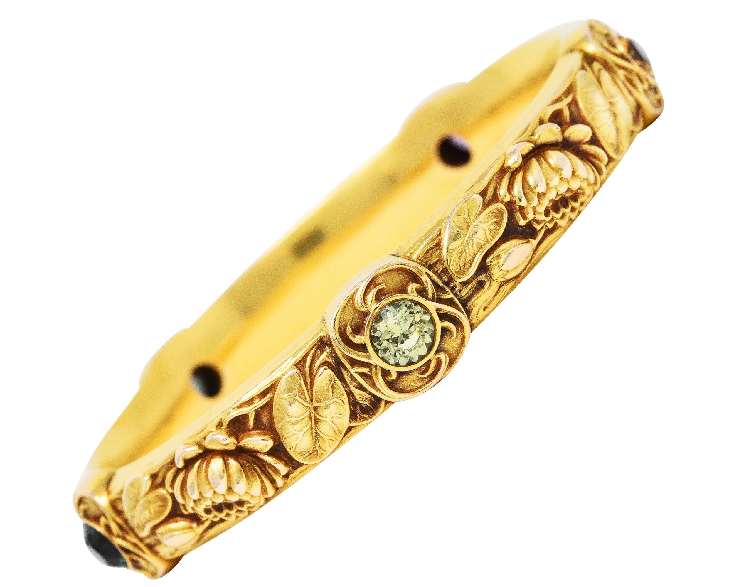 Schumann Son's Riker Bros. Art Nouveau Multi-Color Montana Sapphire 14 Karat Yellow Gold Floral Pad Lotus Antique Bangle Bracelet Wilson's Estate Jewelry