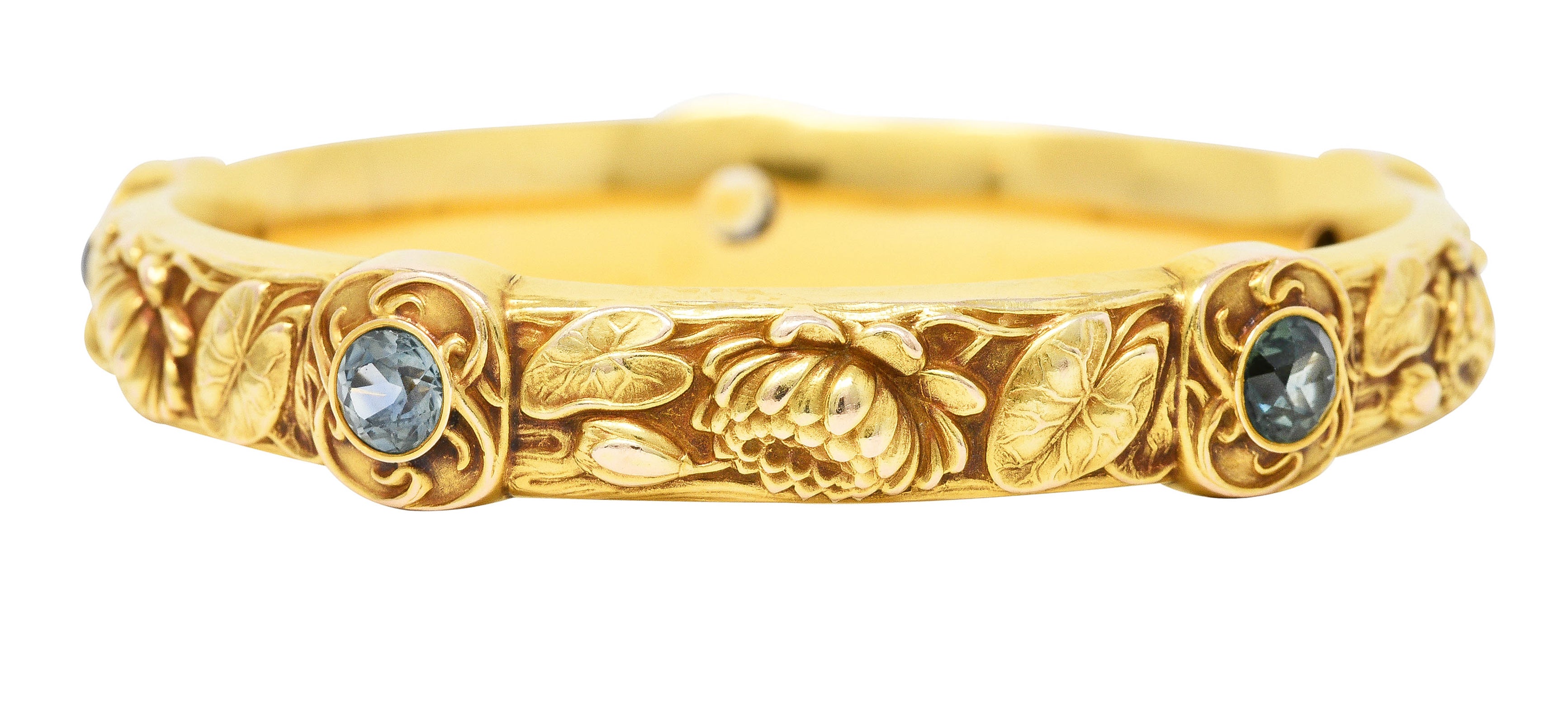 Schumann Son's Riker Bros. Art Nouveau Multi-Color Montana Sapphire 14 Karat Yellow Gold Floral Pad Lotus Antique Bangle Bracelet Wilson's Estate Jewelry