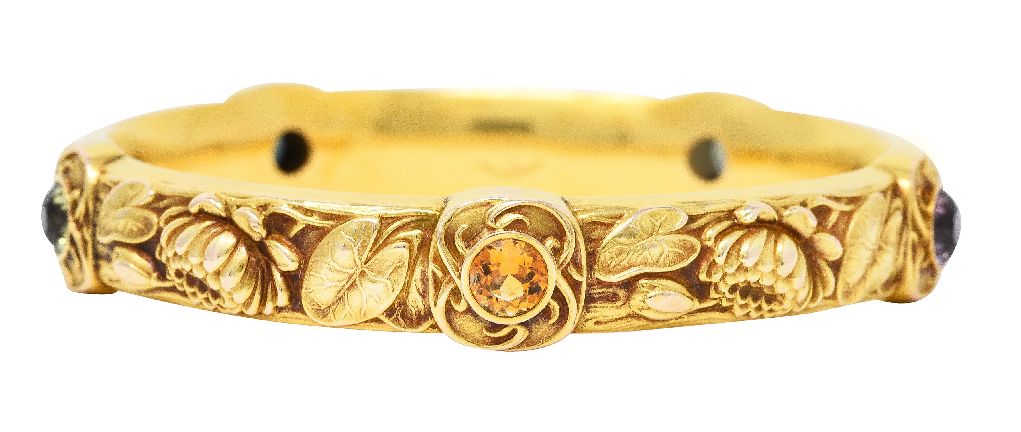 Schumann Son's Riker Bros. Art Nouveau Multi-Color Montana Sapphire 14 Karat Yellow Gold Floral Pad Lotus Antique Bangle Bracelet Wilson's Estate Jewelry