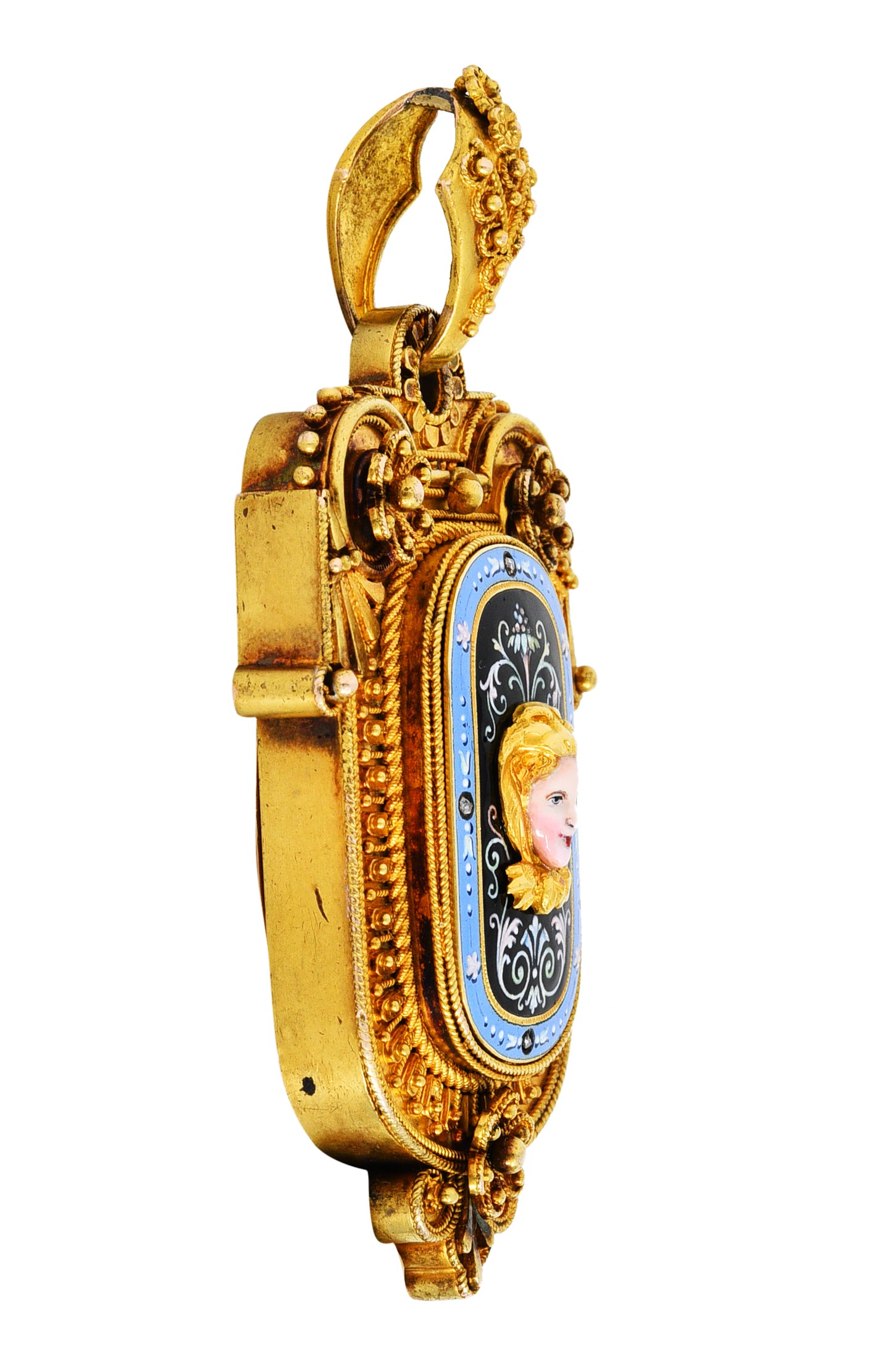 1870's Baroque Enamel Diamond 14 Karat Gold Mourning Locket Pendantcharm - Wilson's Estate Jewelry