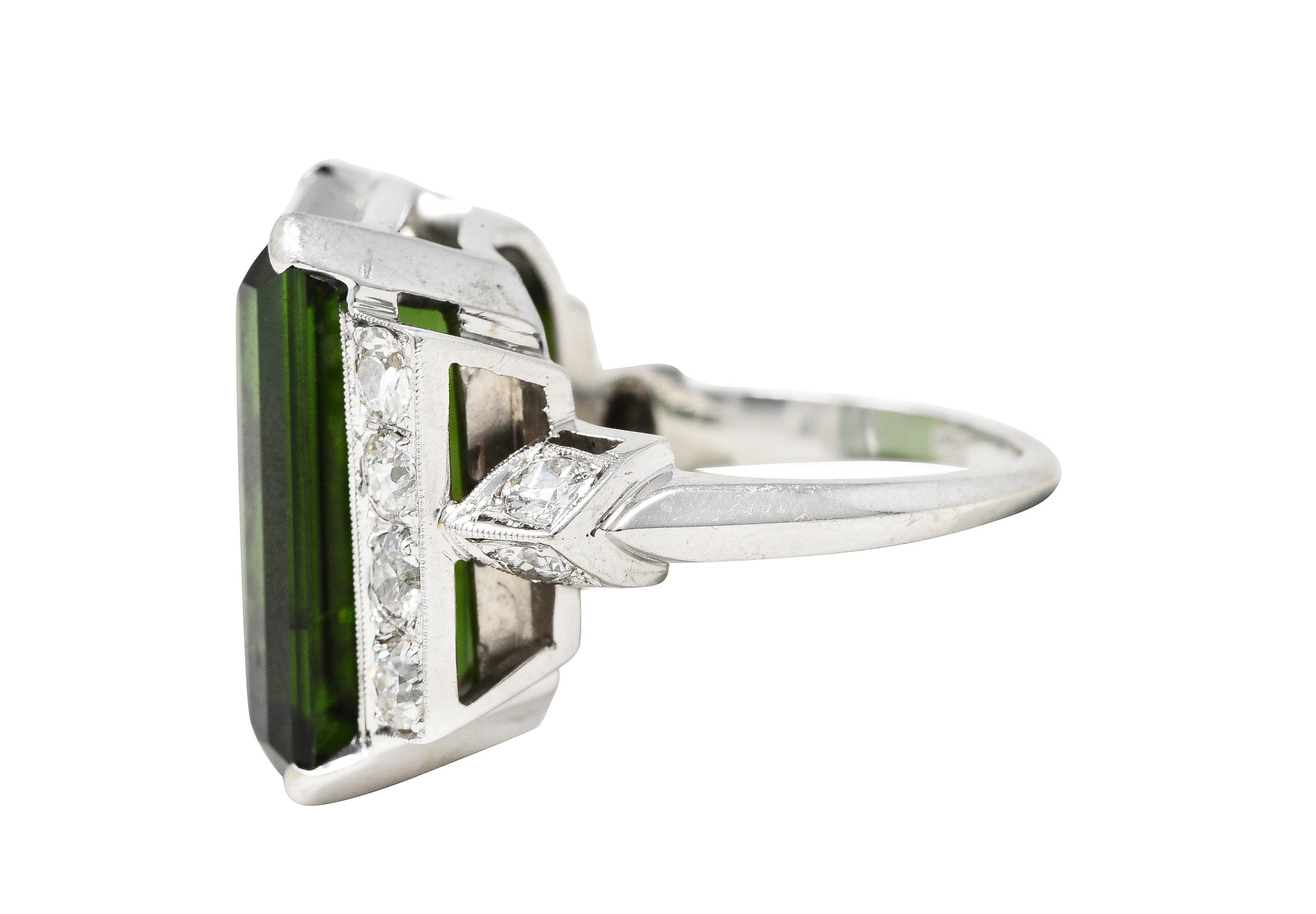 Late Retro 20.01 CTW Green Tourmaline Diamond 14 Karat White Gold Cocktail Ring Wilson's Estate Jewelry