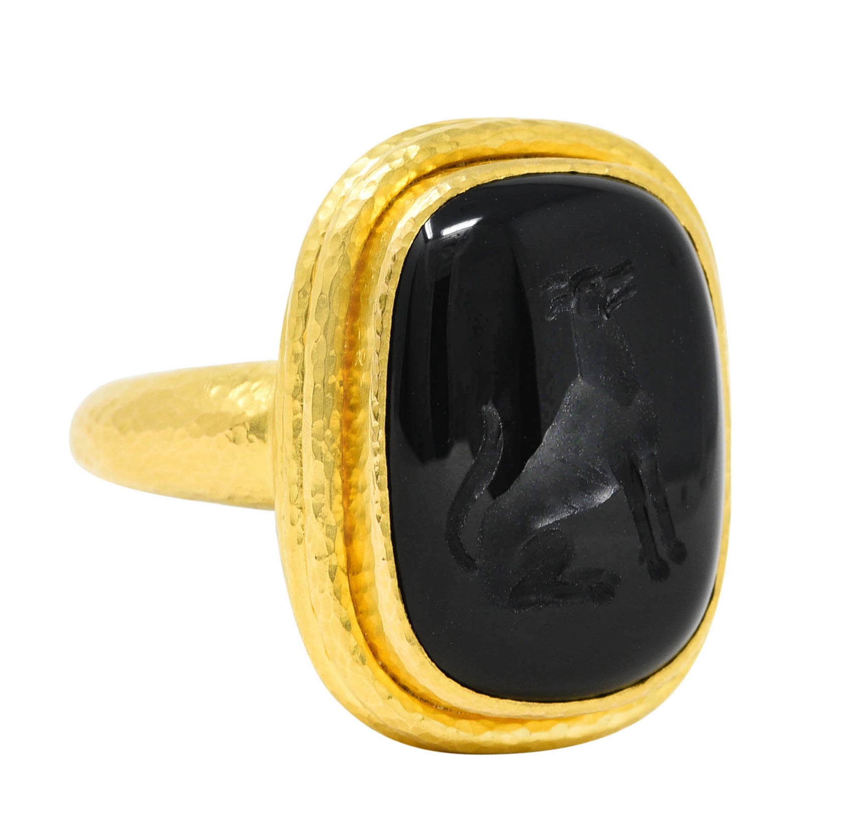 Elizabeth Locke Vintage Onyx 18 Karat Yellow Gold Dog Unisex Intaglio Signet Ring Wilson's Estate Jewelry