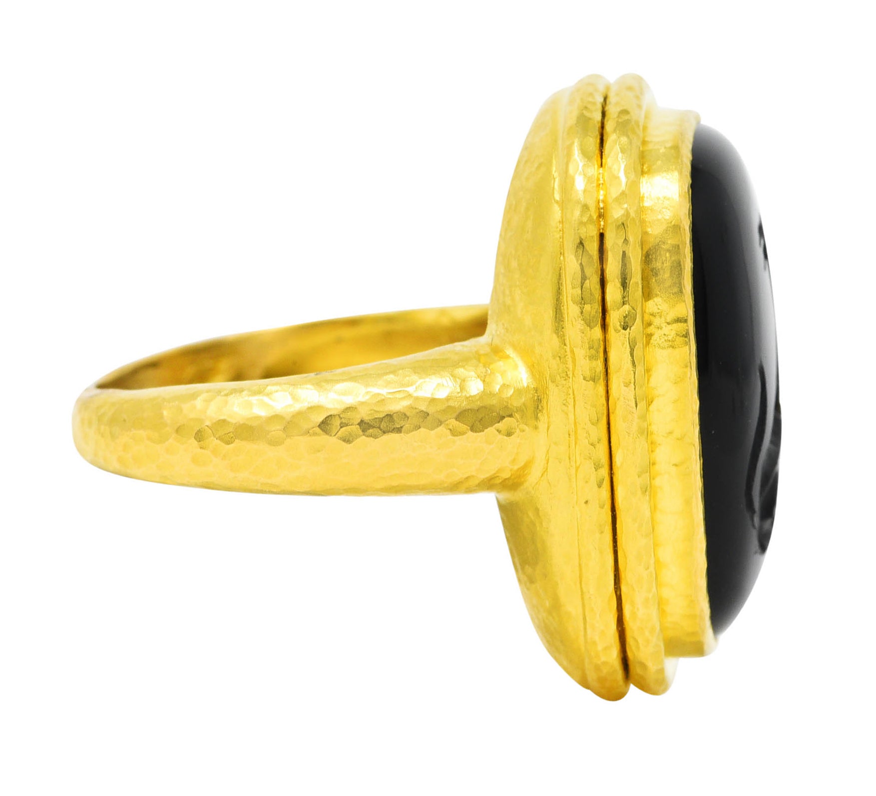 Elizabeth Locke Vintage Onyx 18 Karat Yellow Gold Dog Unisex Intaglio Signet Ring Wilson's Estate Jewelry