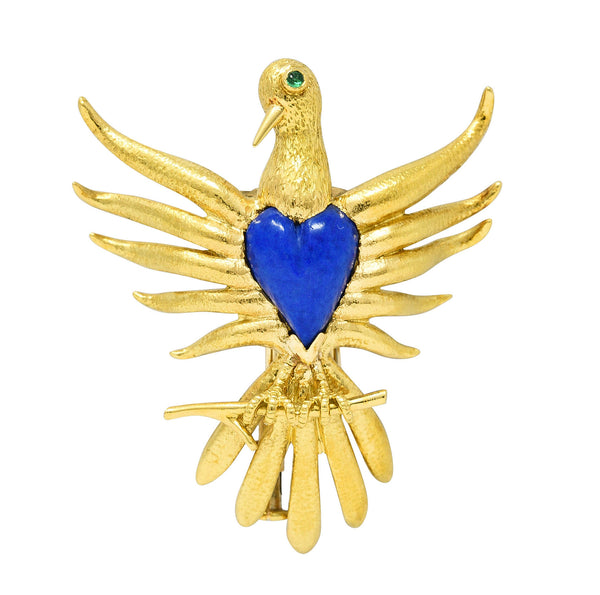 Schlumberger Tiffany & Co. 1960's Lapis Lazuli Emerald 18 Karat Yellow Gold Phoenix Heart Vintage Brooch Wilson's Estate Jewelry