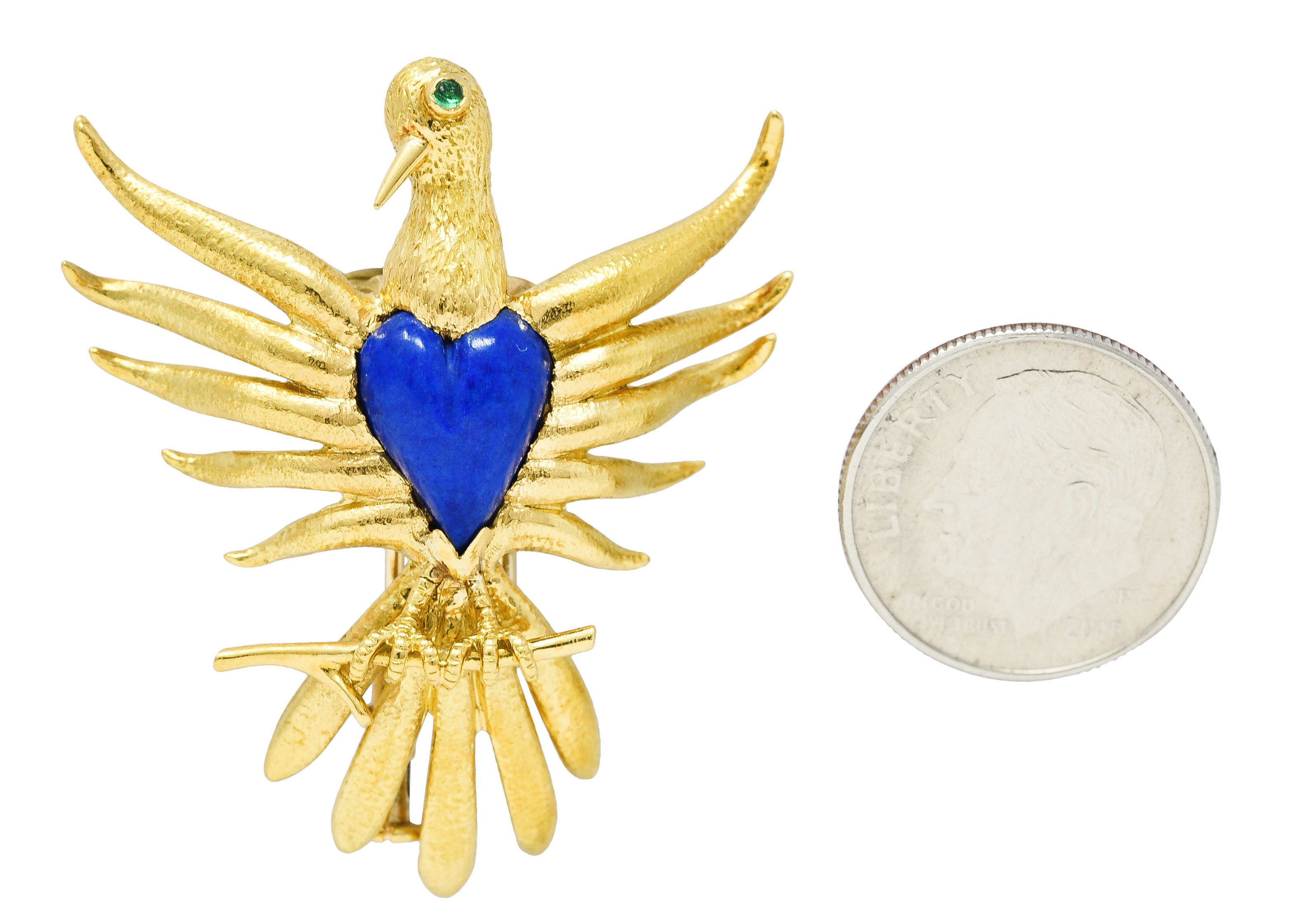 Schlumberger Tiffany & Co. 1960's Lapis Lazuli Emerald 18 Karat Yellow Gold Phoenix Heart Vintage Brooch Wilson's Estate Jewelry