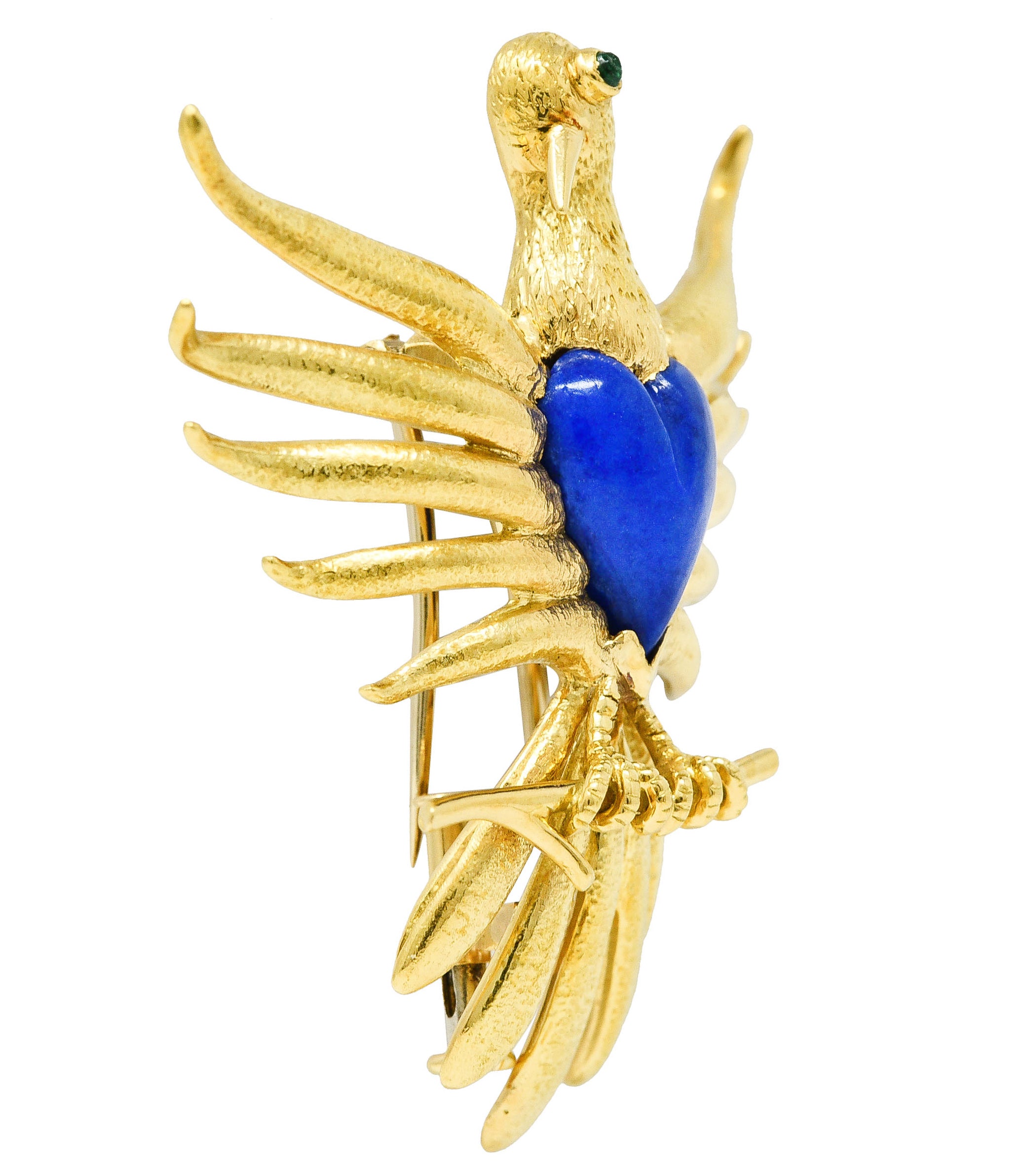 Schlumberger Tiffany & Co. 1960's Lapis Lazuli Emerald 18 Karat Yellow Gold Phoenix Heart Vintage Brooch Wilson's Estate Jewelry