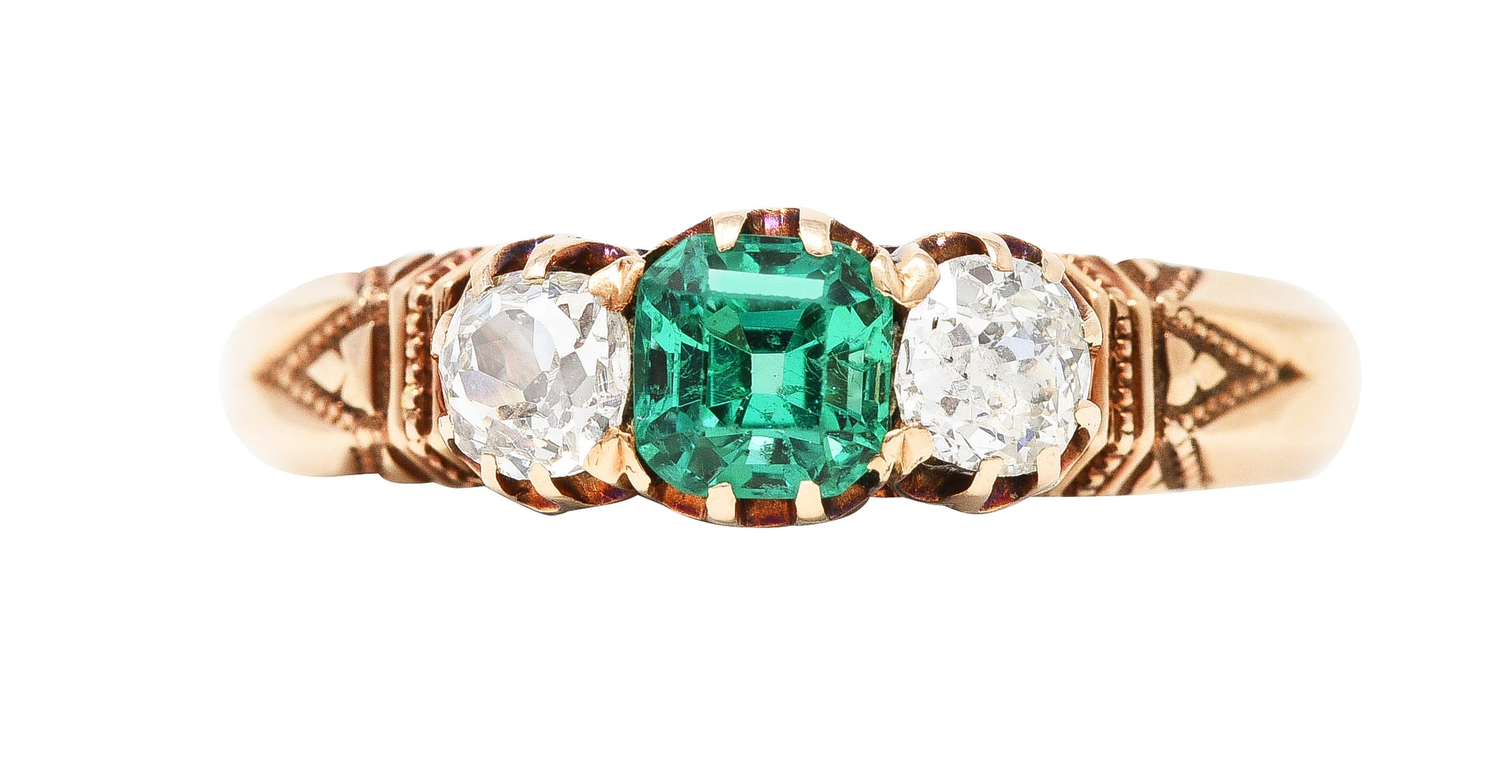 Victorian 1.00 CTW Emerald Old Mine Cut Diamond 14 Karat Yellow Gold Belcher Antique Three Stone Ring Wilson's Estate Jewelry