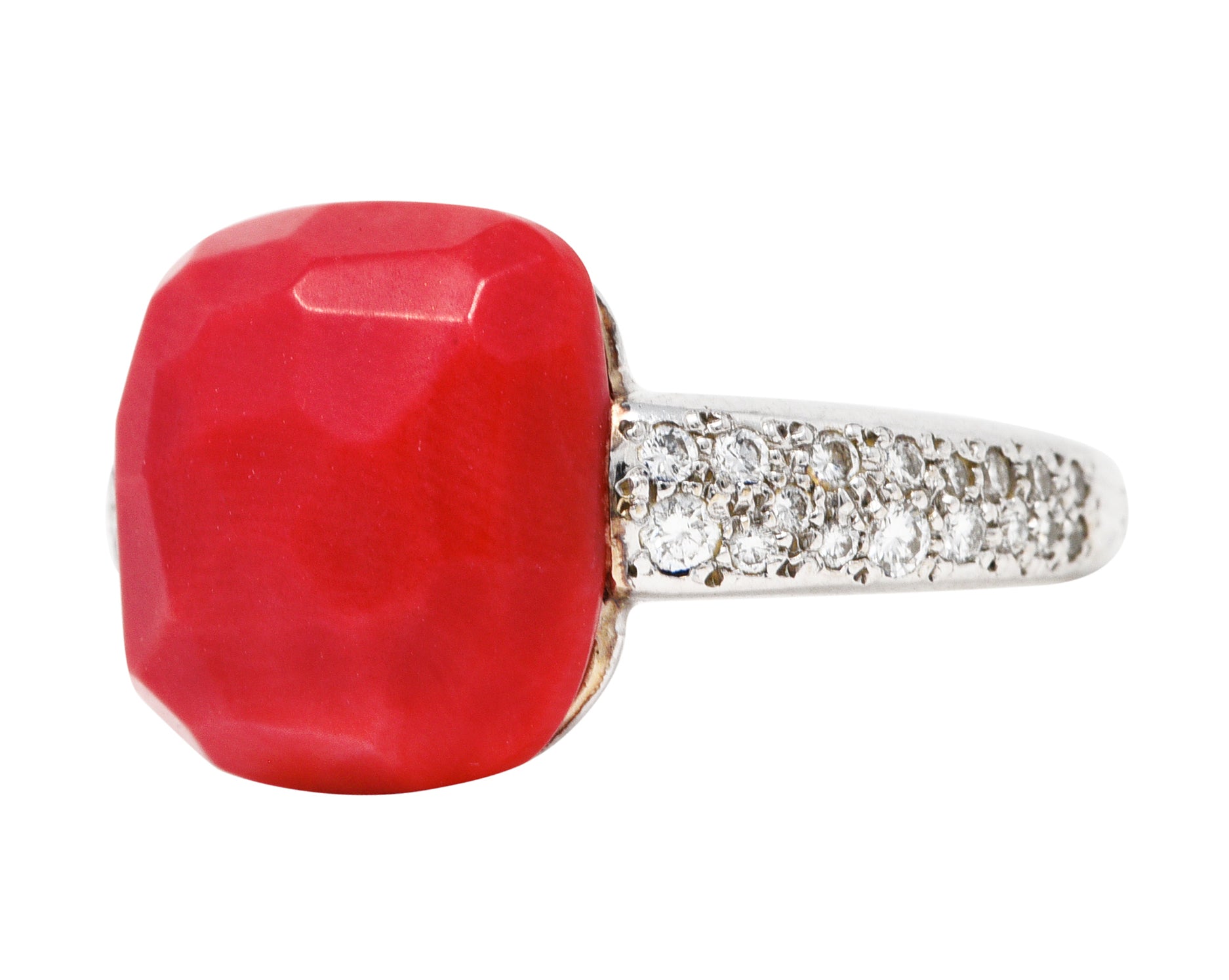 Pomellato Italian Coral Pave Diamond 18 Karat White Gold Capri Gemstone Ring Wilson's Estate Jewelry