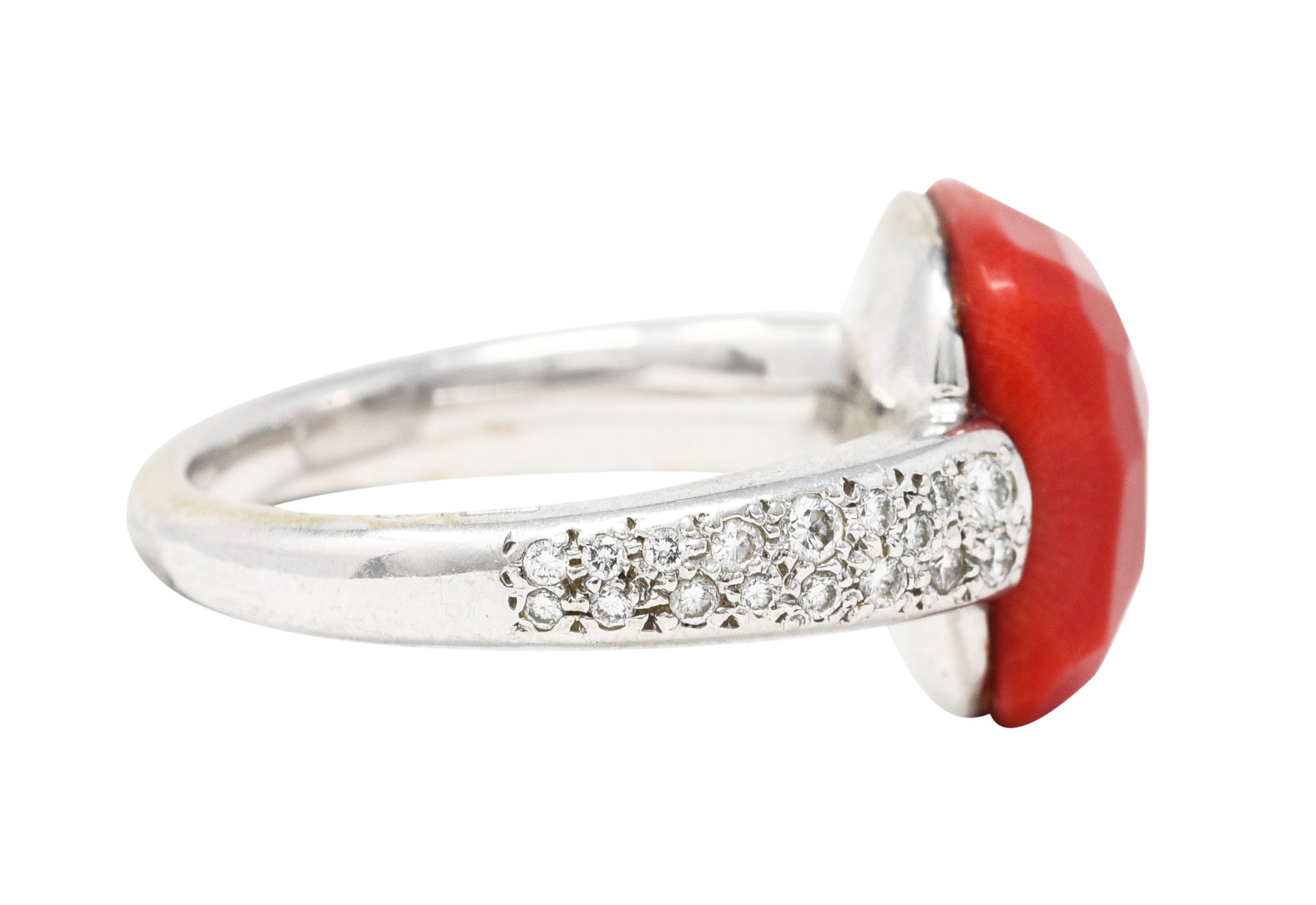 Pomellato Italian Coral Pave Diamond 18 Karat White Gold Capri Gemstone Ring Wilson's Estate Jewelry