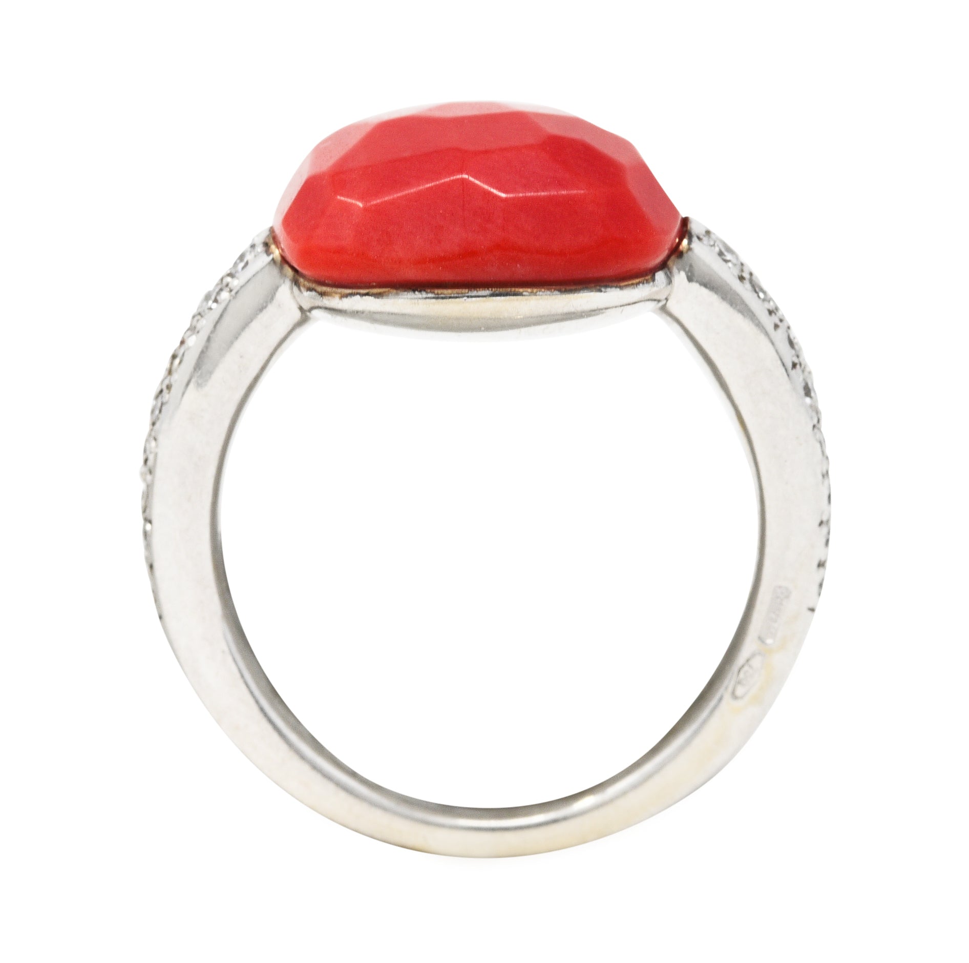 Pomellato Italian Coral Pave Diamond 18 Karat White Gold Capri Gemstone Ring Wilson's Estate Jewelry