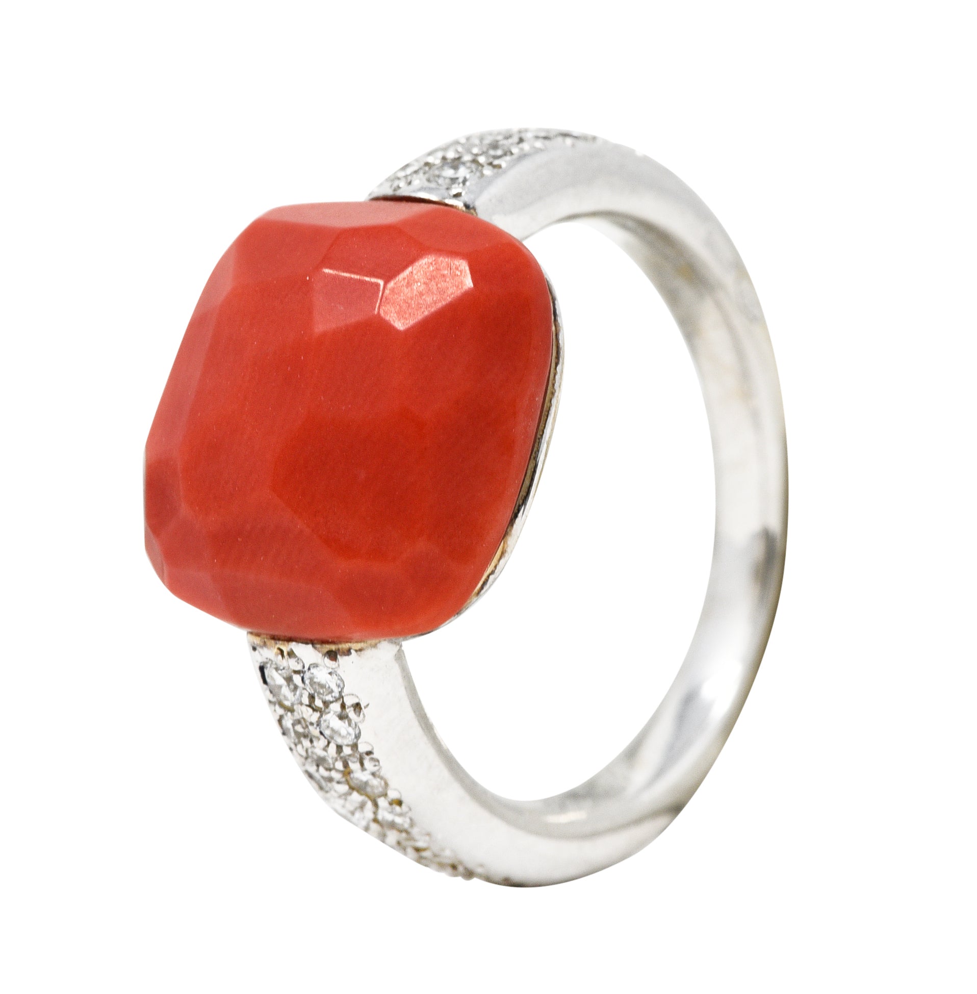 Pomellato Italian Coral Pave Diamond 18 Karat White Gold Capri Gemstone Ring Wilson's Estate Jewelry