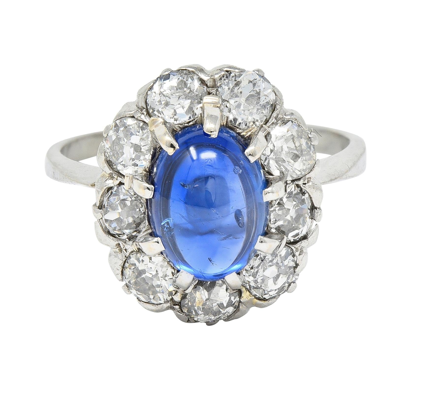 Art Deco 3.52 CTW Sapphire Cabochon Diamond 18 Karat White Gold Halo Ring