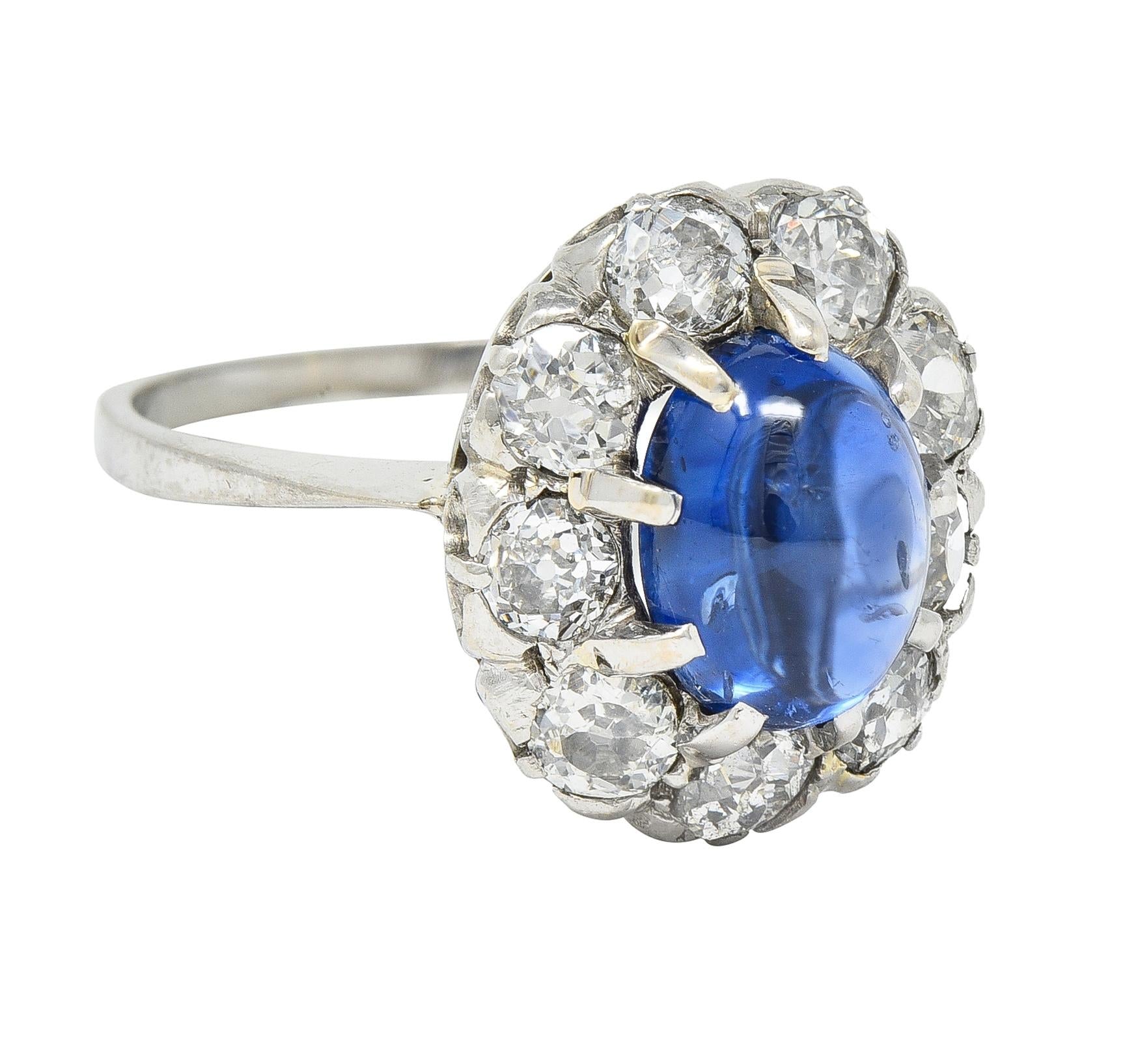 Art Deco 3.52 CTW Sapphire Cabochon Diamond 18 Karat White Gold Halo Ring