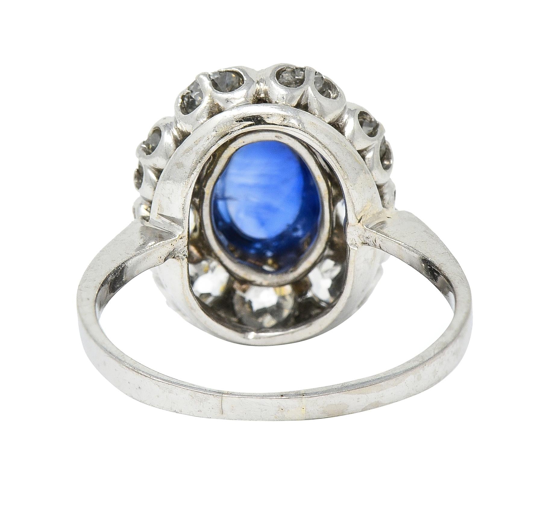 Art Deco 3.52 CTW Sapphire Cabochon Diamond 18 Karat White Gold Halo Ring