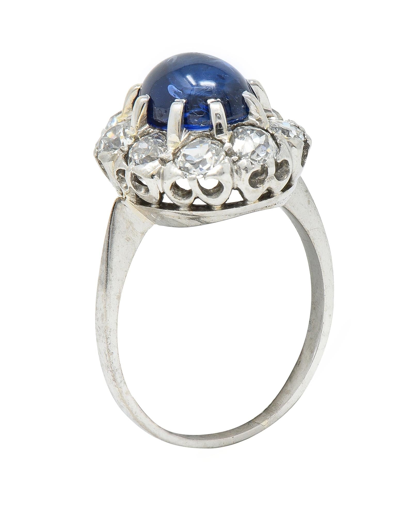 Art Deco 3.52 CTW Sapphire Cabochon Diamond 18 Karat White Gold Halo Ring