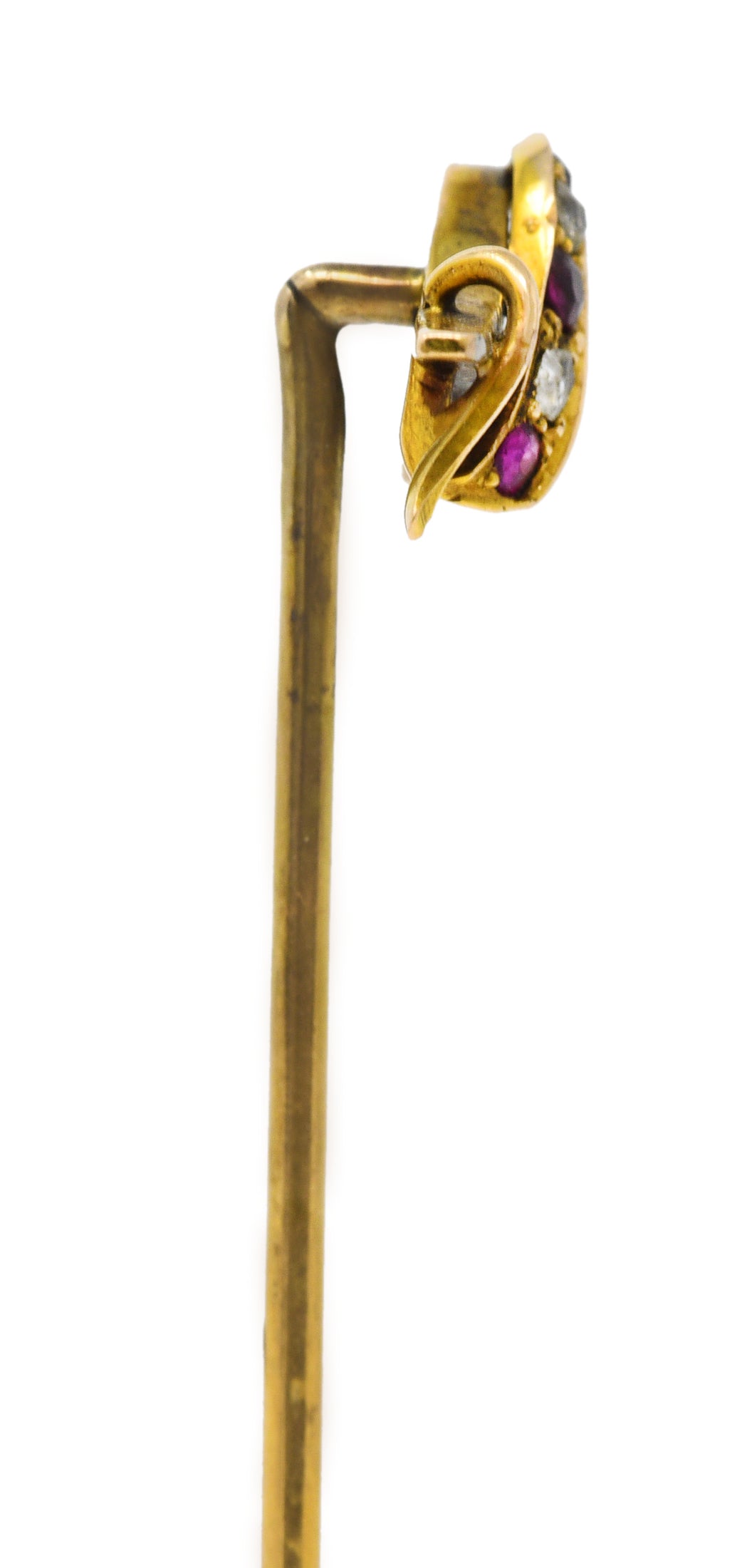 Victorian Ruby Diamond 14 Karat Yellow Gold Fireplace Bellow Stickpin Wilson's Estate Jewelry