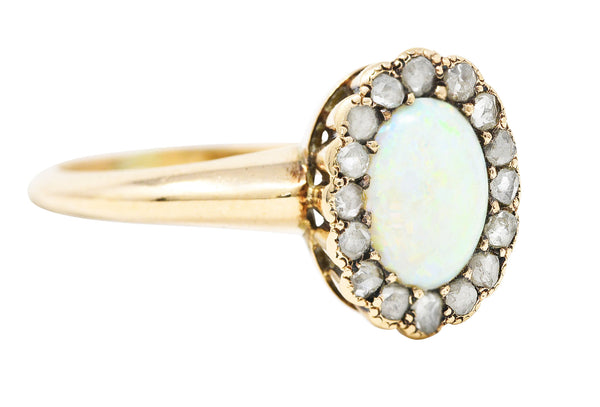 Allsopp-Steller Victorian Opal Diamond 14 Karat Yellow Gold Antique Halo Ring Wilson's Estate Jewelry