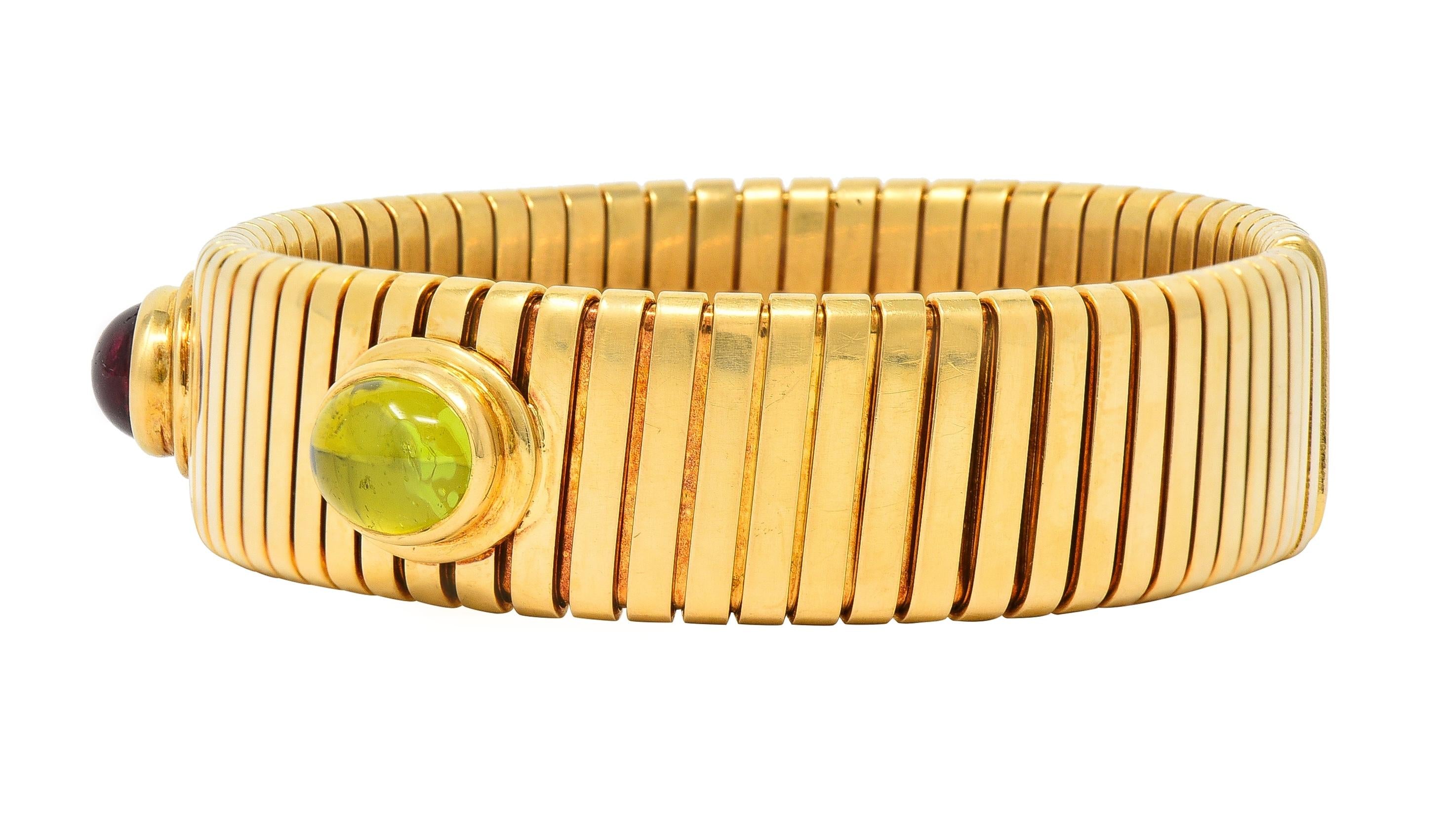 Bulgari 1980s Multi-Gem 18 Karat Yellow Gold Tubogas Vintage Cuff Bracelet