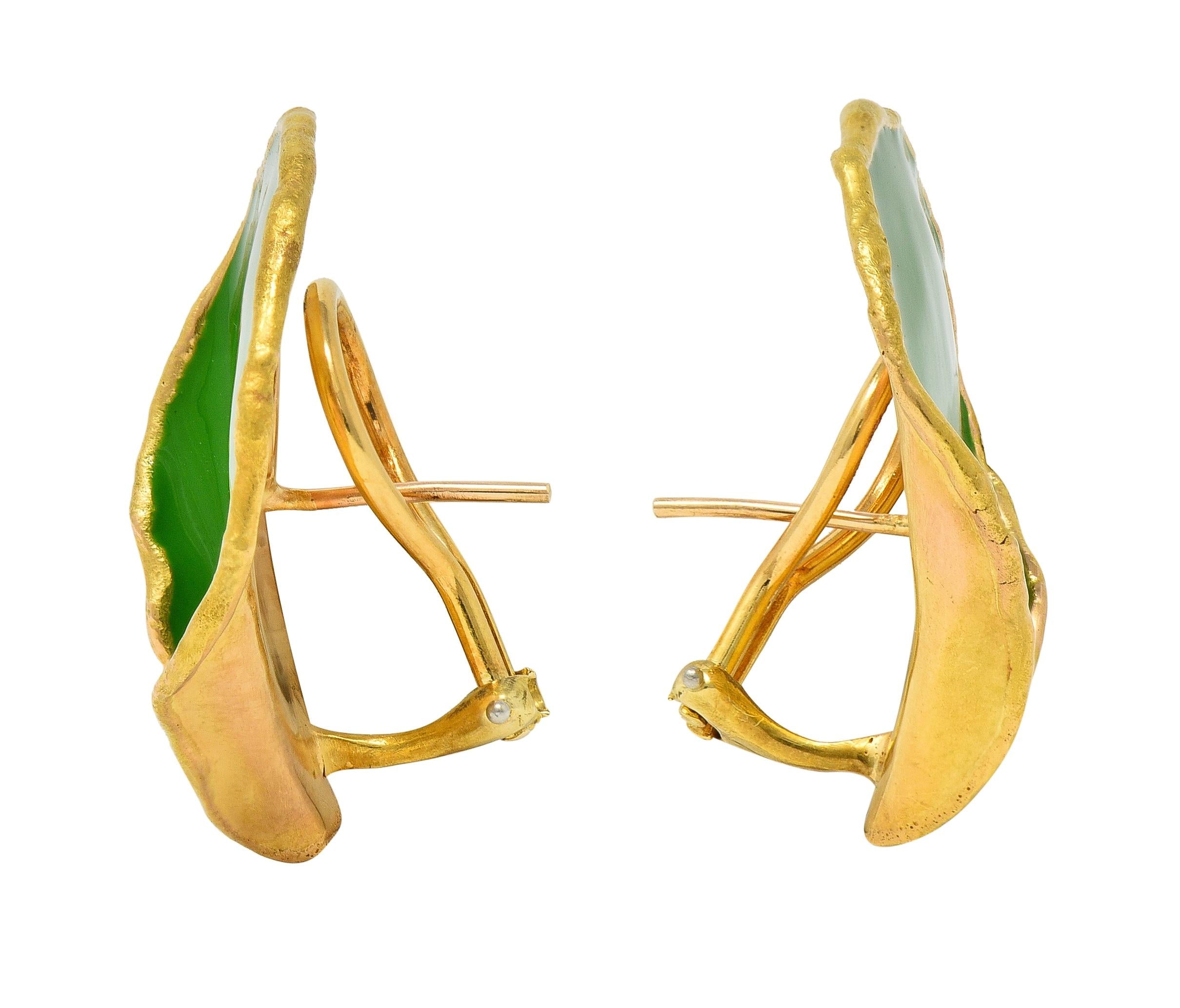 Tiffany & Co. 1979 Green Enamel 18 Karat Yellow Gold Vintage Rose Petal Earrings