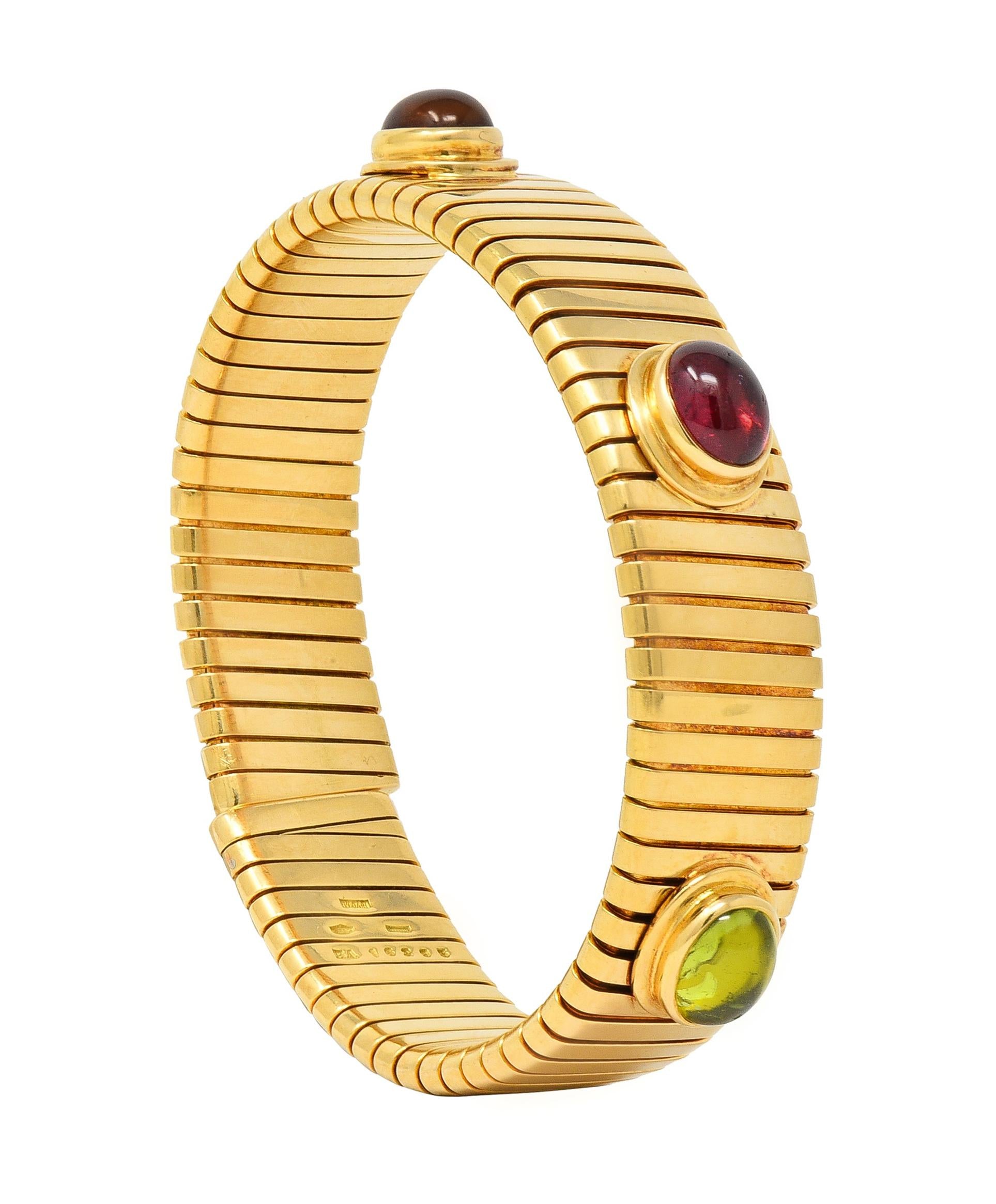 Bulgari 1980s Multi-Gem 18 Karat Yellow Gold Tubogas Vintage Cuff Bracelet