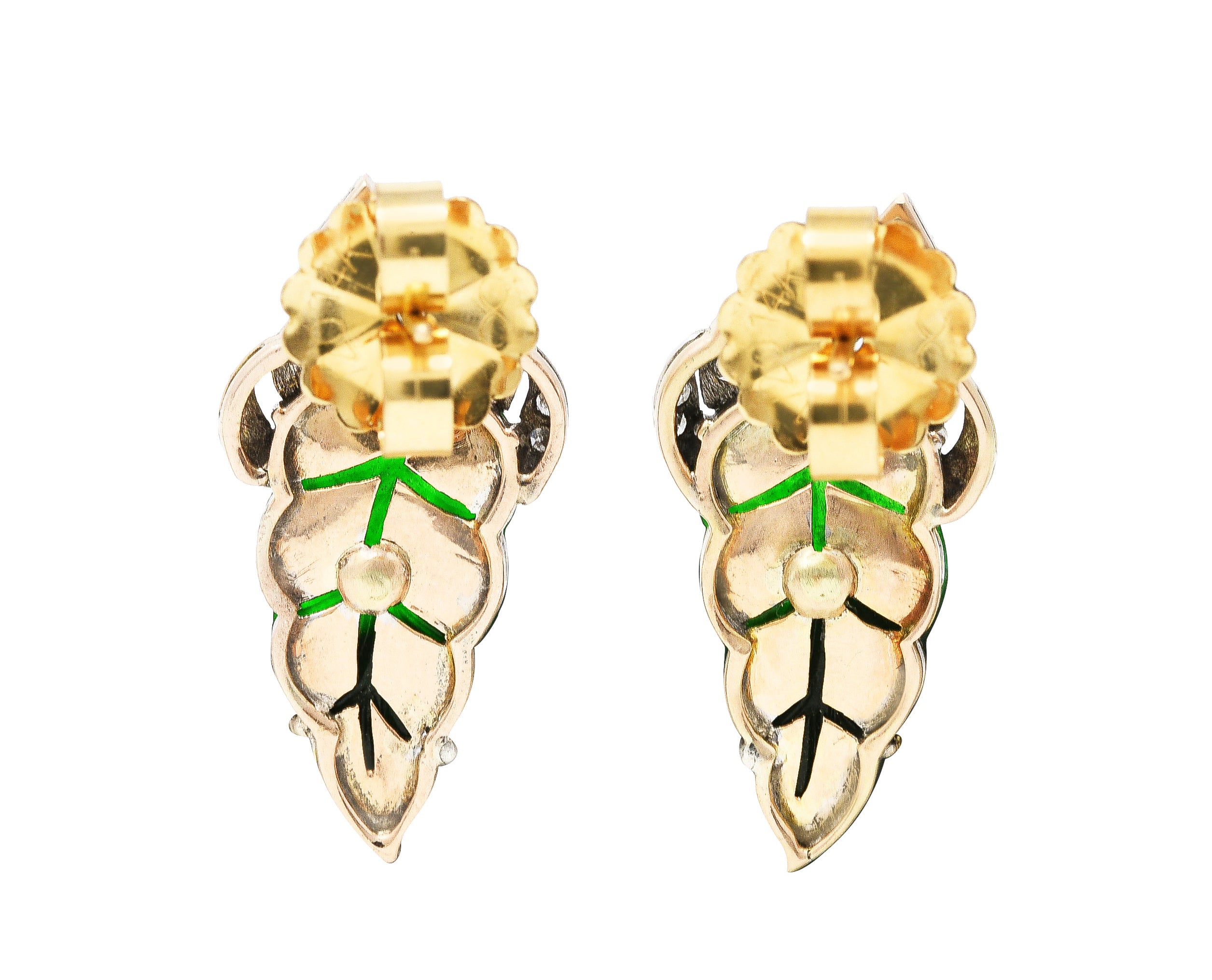 Retro Carved Jade Diamond 14 Karat Two-Tone Gold Vintage Leaf Stud Earrings Wilson's Estate Jewelry