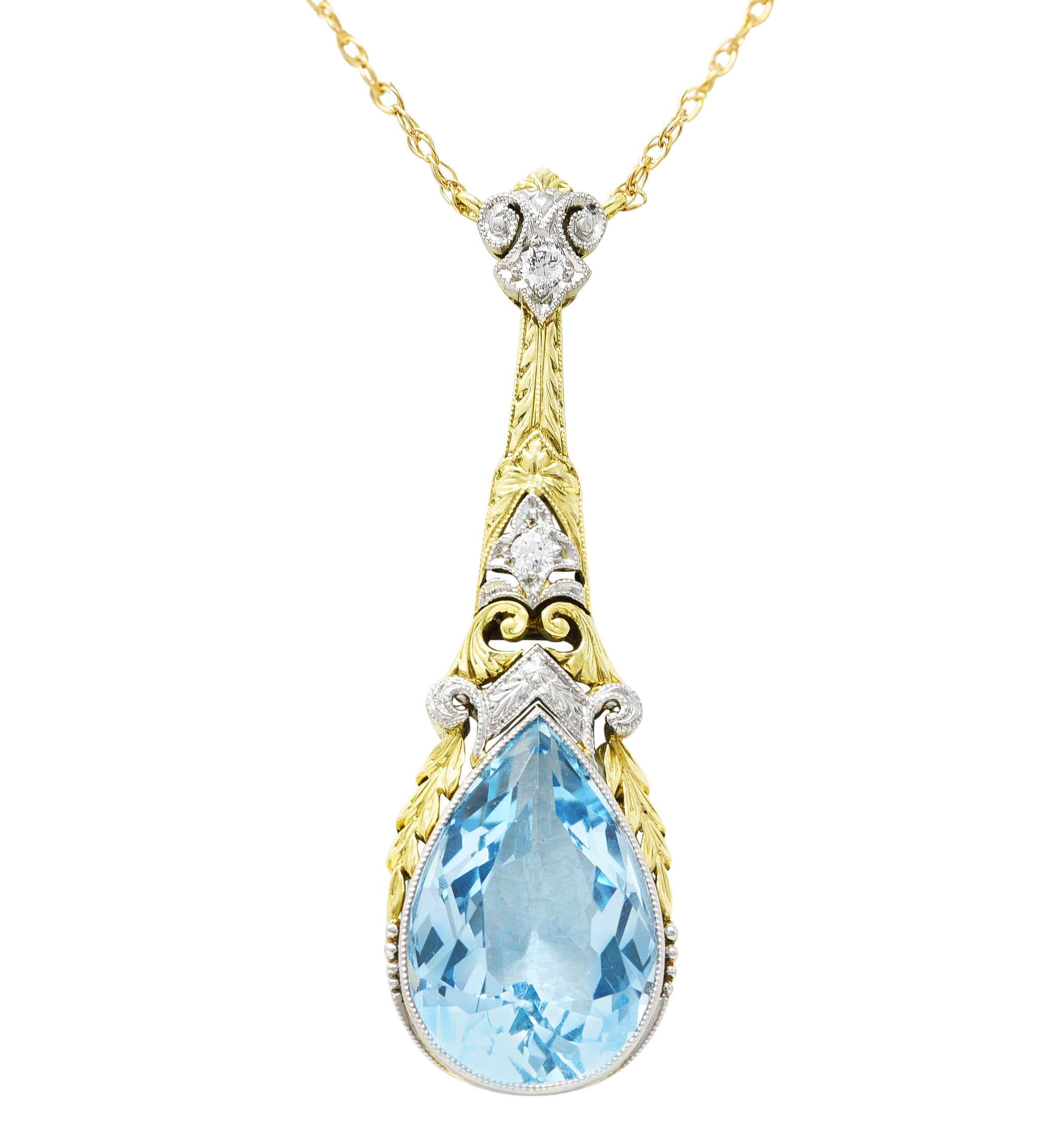 Art Deco Aquamarine Diamond Platinum 14 Karat Yellow Gold Pendant Station Necklace Wilson's Estate Jewelry