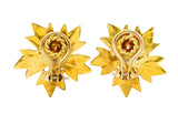 1970's Vintage Emerald Diamond 18 Karat Yellow Gold Flower Ear-Clip Earrings Wilson's Estate Jewelry