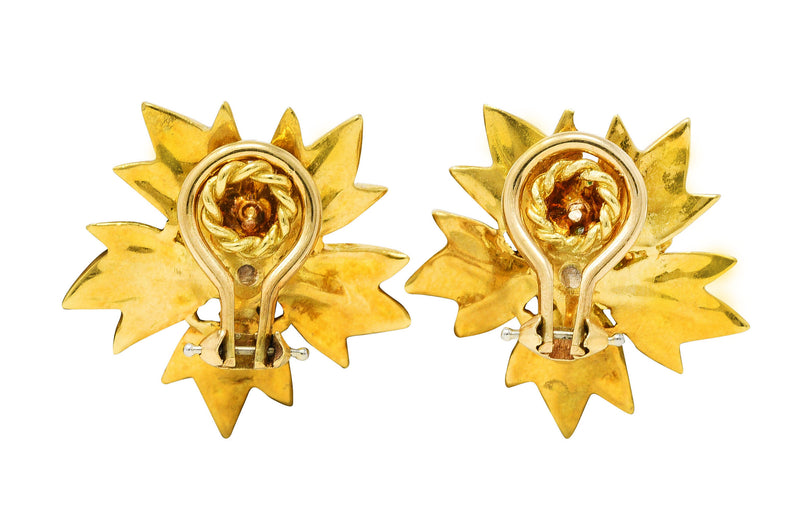 1970's Vintage Emerald Diamond 18 Karat Yellow Gold Flower Ear-Clip Earrings Wilson's Estate Jewelry