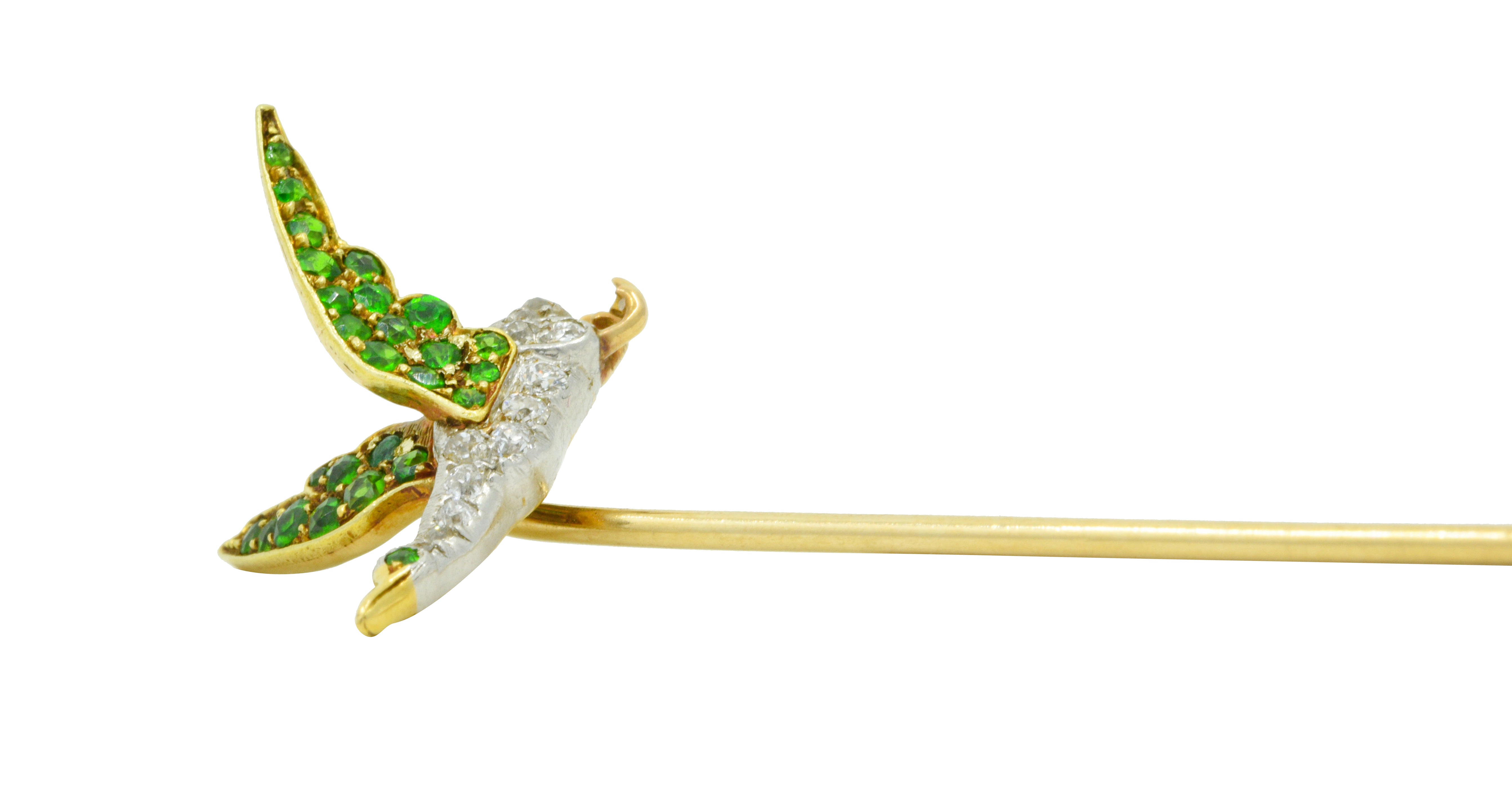 Edwardian Diamond Demantoid Garnet Platinum-Topped 18 Karat Gold Goose StickpinStick Pin - Wilson's Estate Jewelry