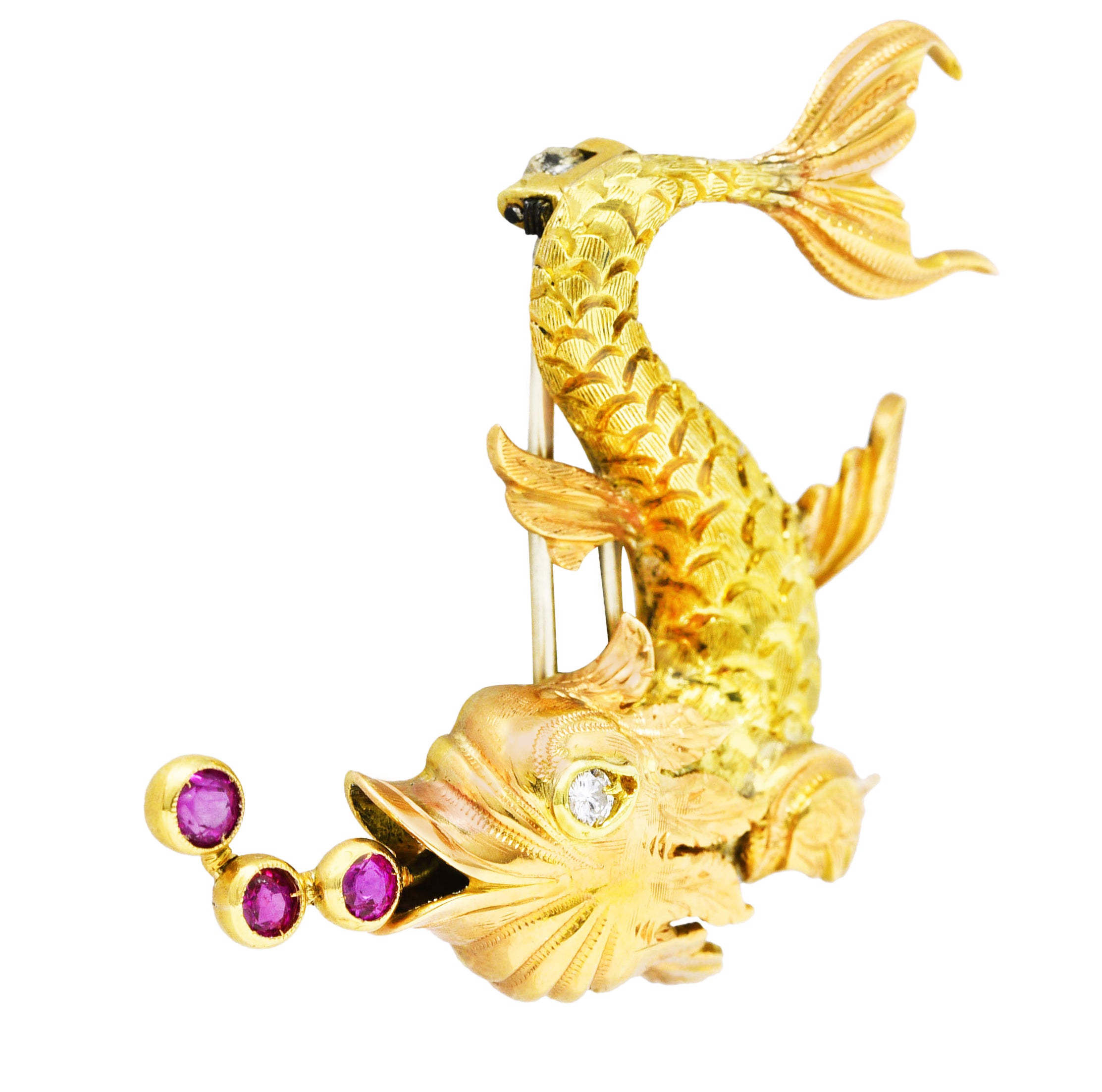 Giulio Nardi 1950's 0.42 CTW Diamond Ruby 18 Karat Two-Tone Vintage Fish Brooch Wilson's Estate Jewelry