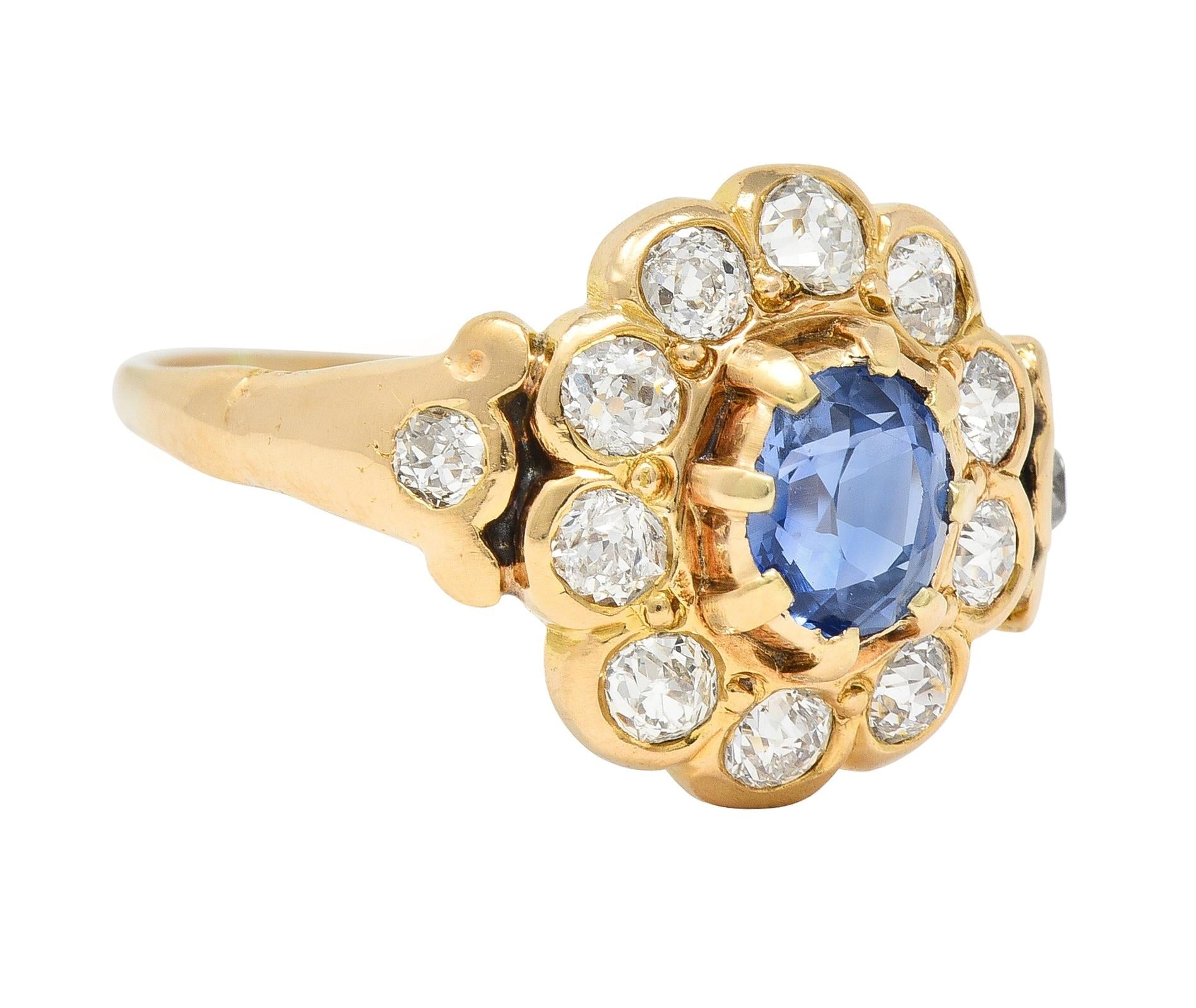 Victorian 1.37 CTW Sapphire Diamond 14 Karat Yellow Gold Antique Halo Ring